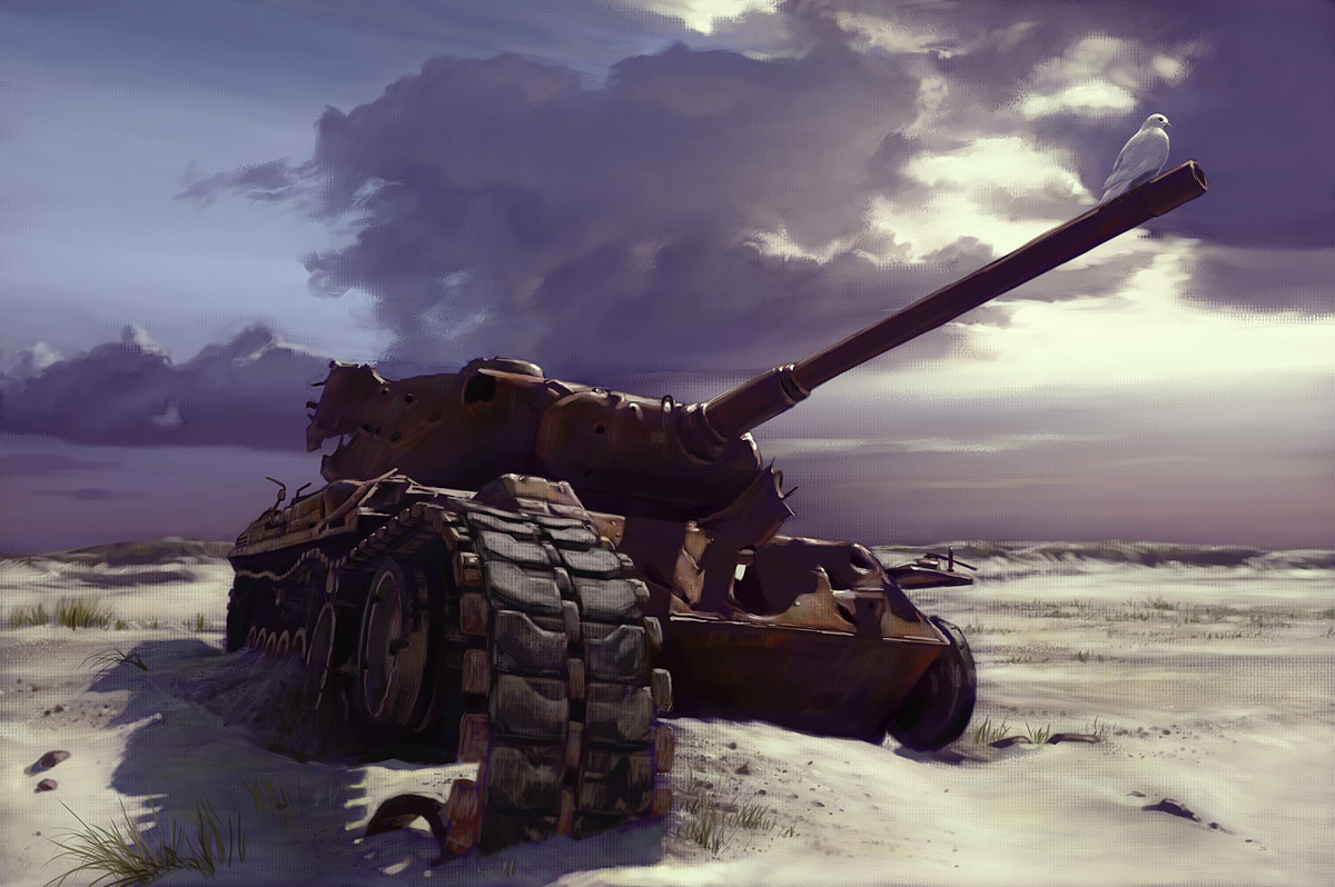 ilmizu, bird, broken, caterpillar tracks, cloud, dove, landscape, military, military vehicle, motor vehicle, no humans, no lineart, sand, scenery, sky, tank, vehicle focus