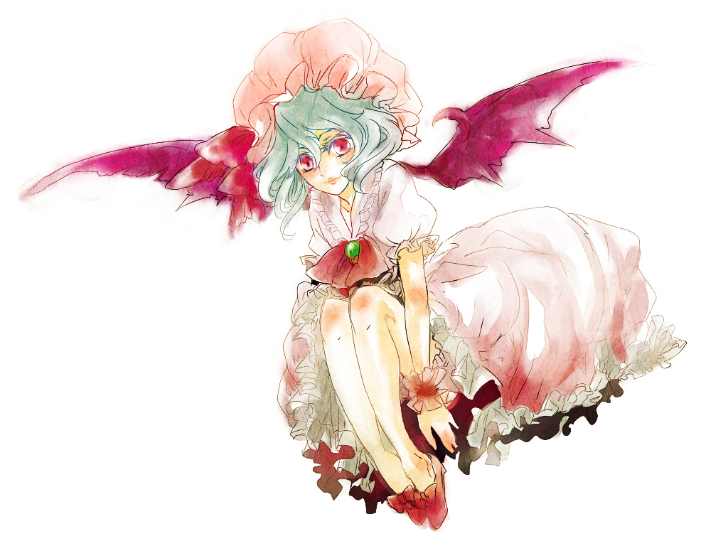 shiba roken, tsuneaki (dosnan), remilia scarlet, touhou, 1girl, bat wings, blue hair, female focus, hat, red eyes, short hair, solo, wings
