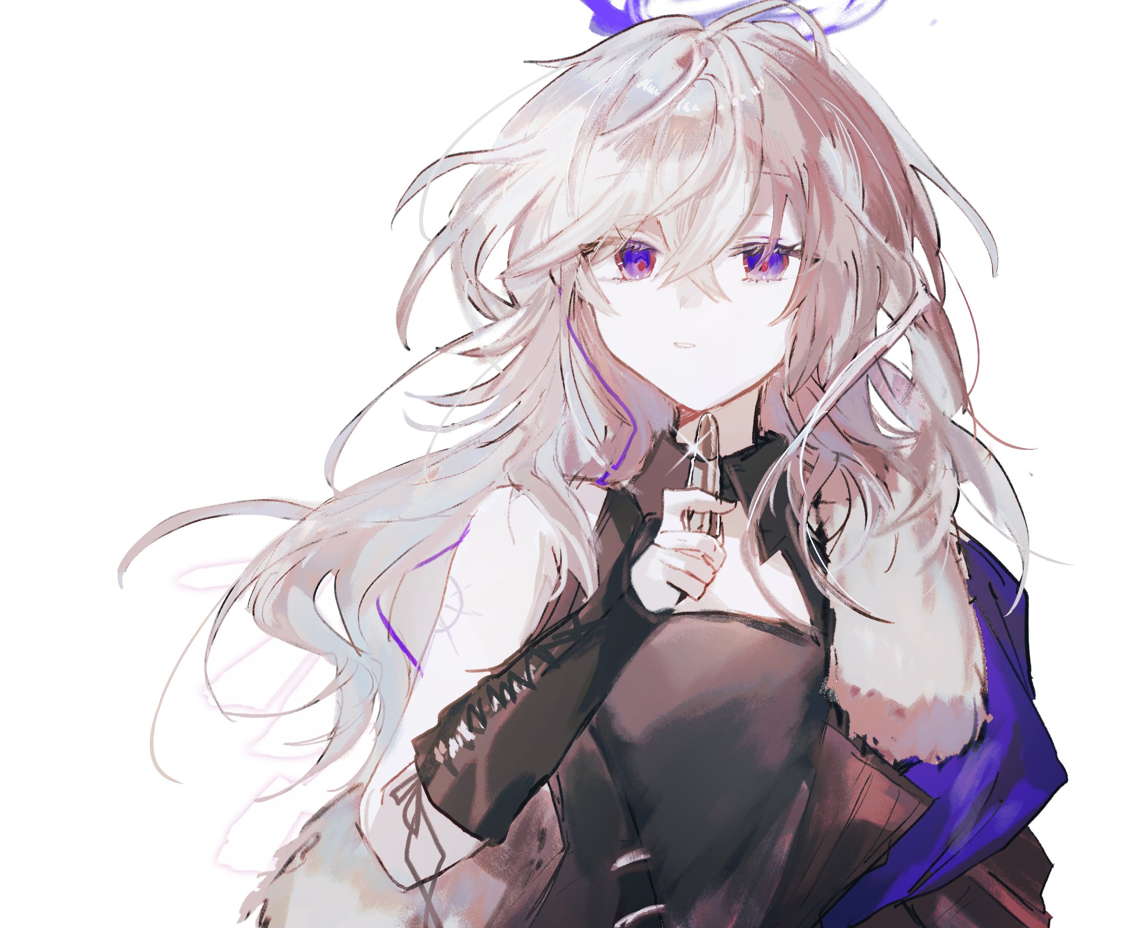 fumi (rdbm), vannini (arknights), arknights, commentary, highres, 1girl, ahoge, black dress, blue eyes, collared dress, cosmetics, dress, fur-trimmed jacket, fur trim, hair between eyes, hand up, holding, holding lipstick tube, jacket, jacket partially removed, lipstick tube, long hair, long sidelocks, looking at object, one-hour drawing challenge, parted lips, sidelocks, simple background, single bare shoulder, solo, upper body, vambraces, white background, white hair