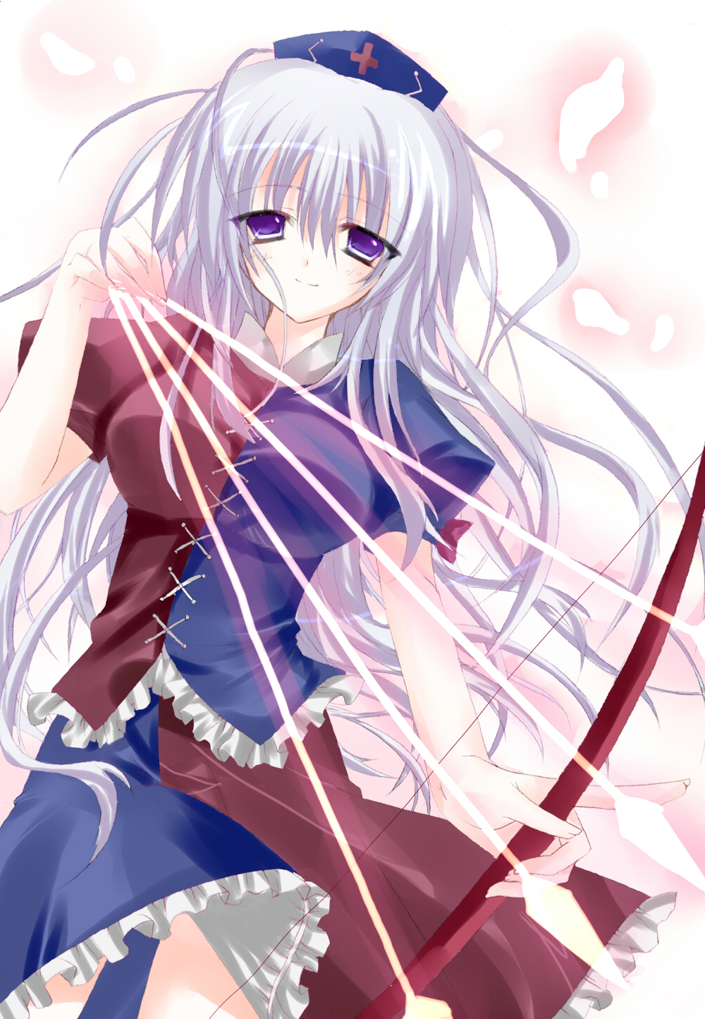 matsumiya kiseri, yagokoro eirin, touhou, silver hair, bad id, bad pixiv id, highres, 1girl, bow, bow (weapon), female focus, hair down, long hair, purple eyes, solo, weapon