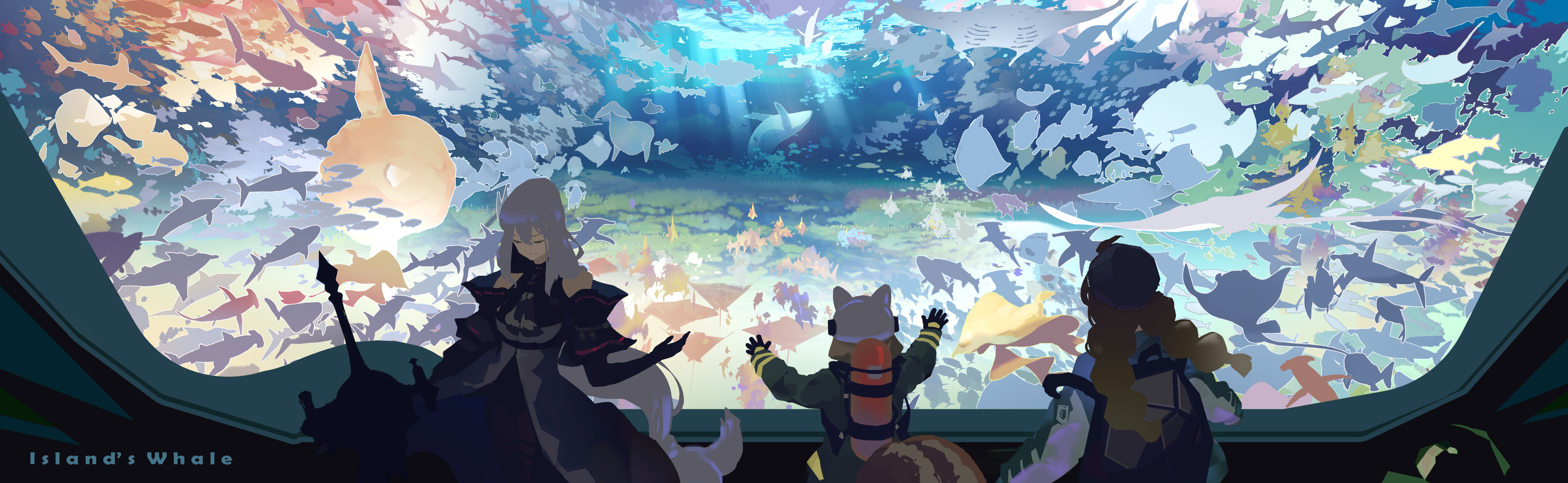 ice (805482263), cuora (arknights), shaw (arknights), skadi (arknights), skadi (elite ii) (arknights), arknights, absurdres, highres, 3girls, against glass, ahoge, angelfish, animal ear helmet, animal ears, animal helmet, aquarium, arm cuffs, ascot, backpack, bag, bare shoulders, black cape, black chaps, black gloves, black pants, black shirt, braid, brown hair, cape, chaps, closed eyes, closed mouth, clothing cutout, day, detached sleeves, english text, facing away, fire helmet, firefighter, firefighter jacket, fish, fish tank, gloves, grey ascot, grey hair, hair between eyes, hammerhead shark, hand on glass, hat, helmet, holding, holding sword, holding weapon, humpback whale, jacket, large tail, light rays, long hair, long sleeves, low-tied long hair, manta ray, multiple girls, no headwear, outstretched arms, oxygen tank, pants, scenery, school of fish, shark, shirt, smile, squirrel ears, squirrel girl, squirrel tail, standing, stingray, sword, tail, thigh cutout, tropical fish, underwater, very long hair, weapon, whale, wide shot, window