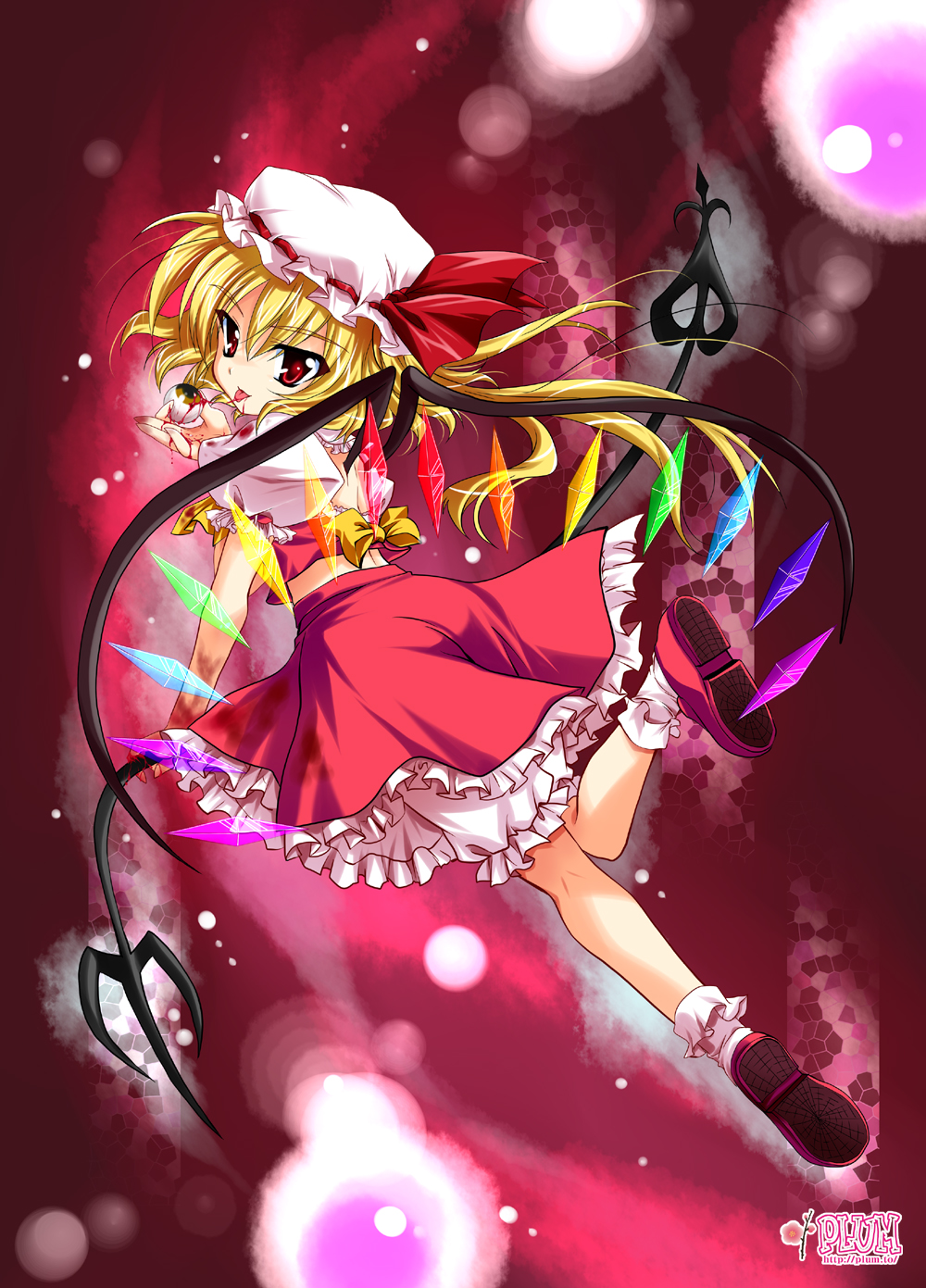 kanna (plum), flandre scarlet, touhou, highres, 1girl, blood, blouse, eyeball, female focus, from side, full body, hat, licking, mob cap, red background, red shoes, shirt, shoes, socks, solo, white hat, white shirt, white socks