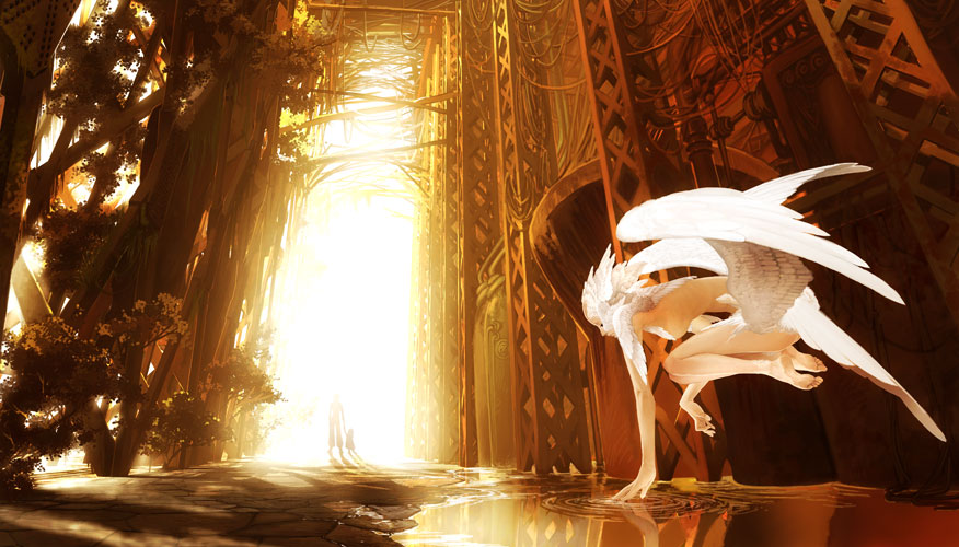 yuanmaru, sirene (devilman), devilman, light, bad id, bad pixiv id, 1girl, barefoot, cable, child, day, feet, female focus, half-closed eyes, head wings, low wings, plant, plantar flexion, puddle, reflection, ripples, solo, solo focus, tree, water, white hair, wings