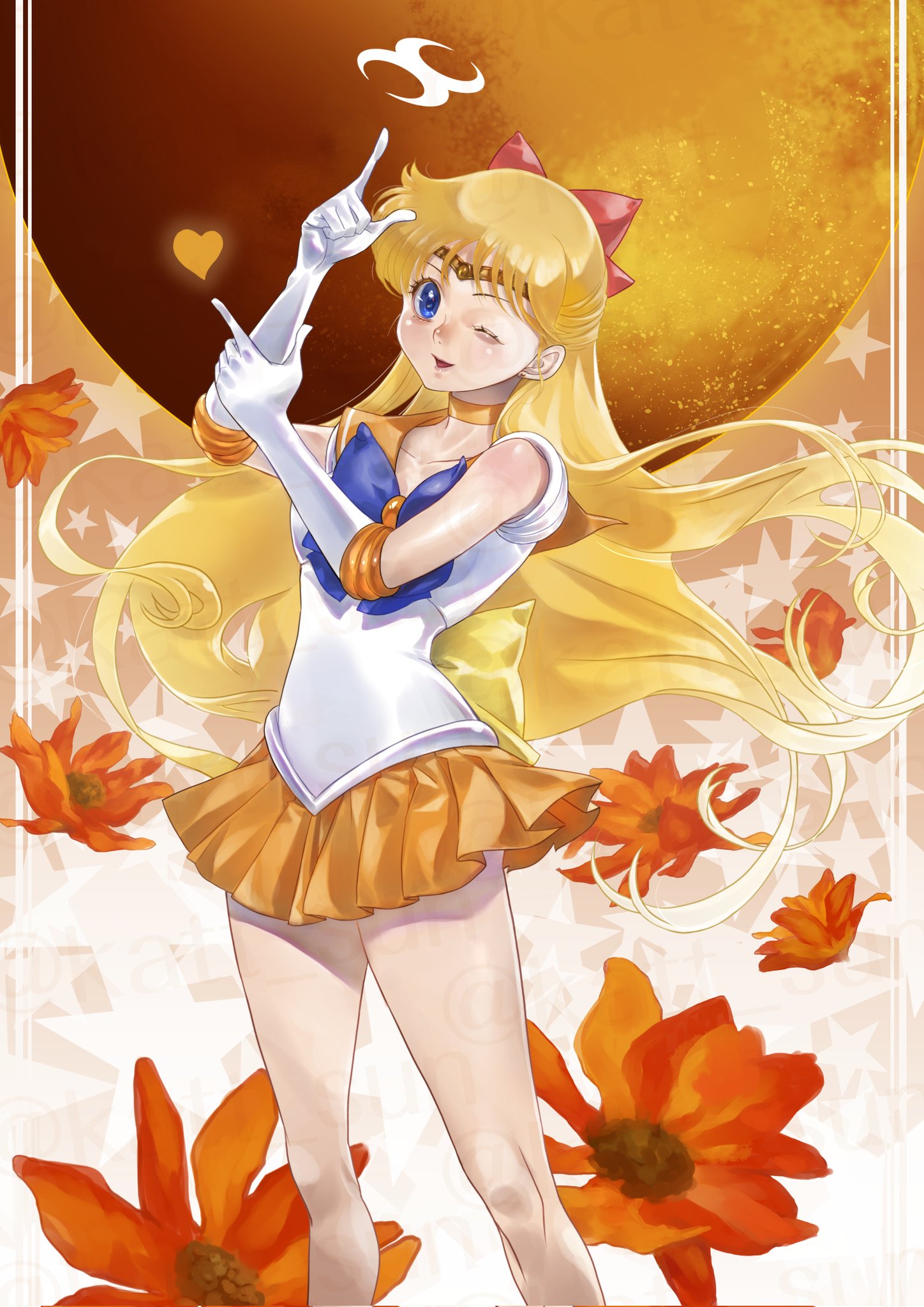 katt sun, aino minako, sailor venus, bishoujo senshi sailor moon, highres, 1girl, blonde hair, blue eyes, bow, flower, gloves, heart, long hair, looking at viewer, magical girl, miniskirt, one eye closed, red bow, short sleeves, skirt, very long hair, wink