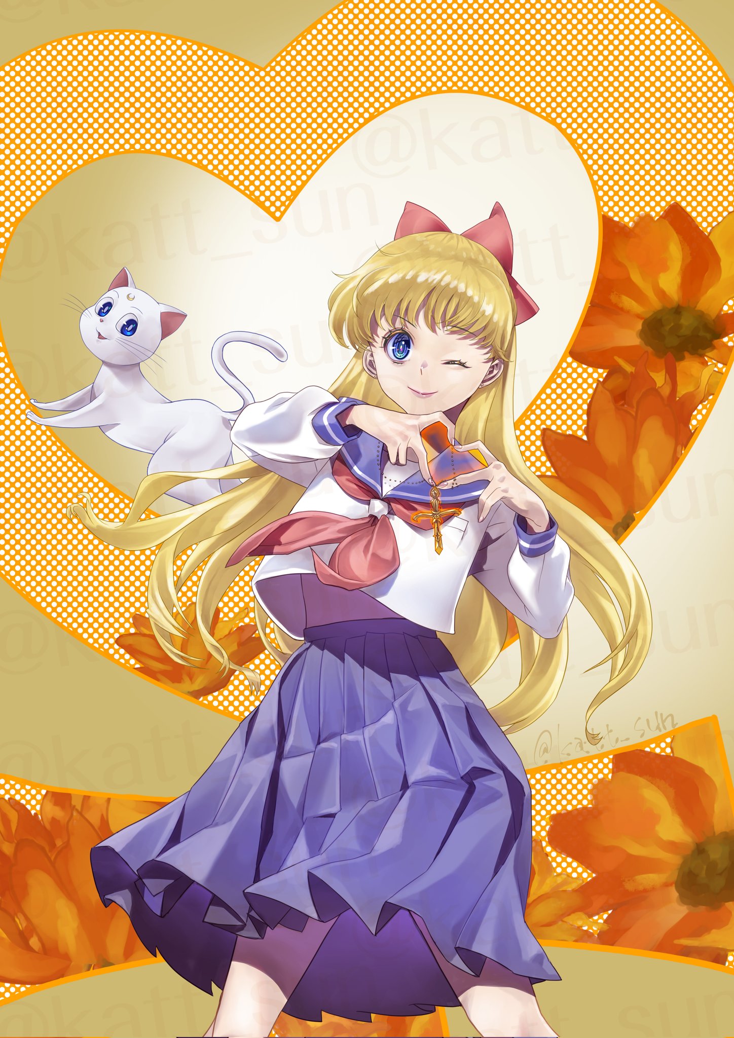 katt sun, aino minako, artemis (sailor moon), bishoujo senshi sailor moon, highres, 1girl, blonde hair, blue eyes, cat, heart, heart hands, lips, long hair, long sleeves, looking at viewer, one eye closed, school uniform, shirt, skirt, very long hair, white cat