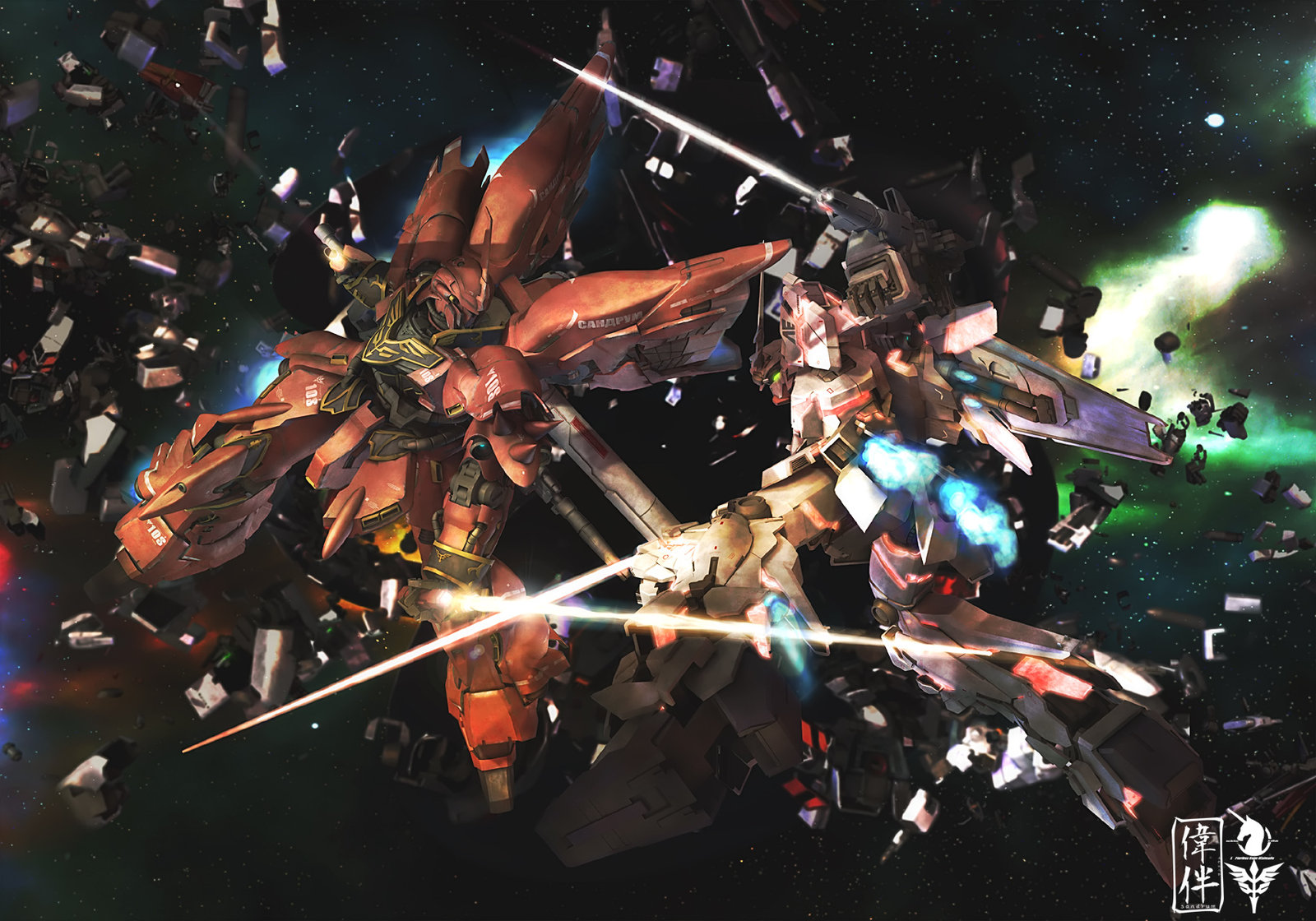 sandrum, sinanju, unicorn gundam, gundam, gundam unicorn, highres, image sample, 3d, battle, energy sword, mecha, nt-d, robot, shield, space, sword, weapon