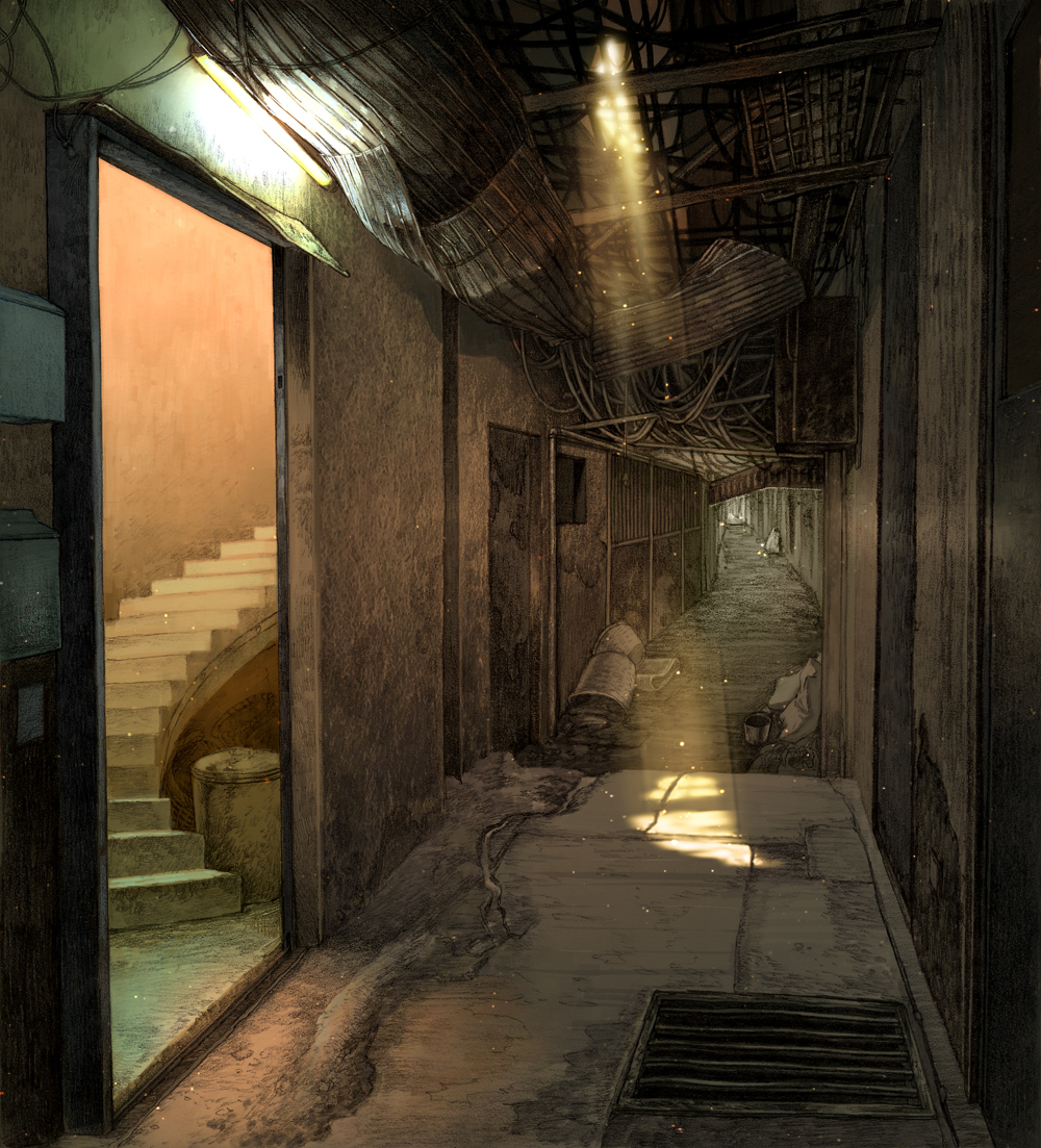yuanmaru, light, bad id, bad pixiv id, cable, dust, hallway, indoors, light rays, no humans, road, rubble, scenery, shade, shadow, stairs, street, sunbeam, sunlight, trash can, urban, vanishing point, wire