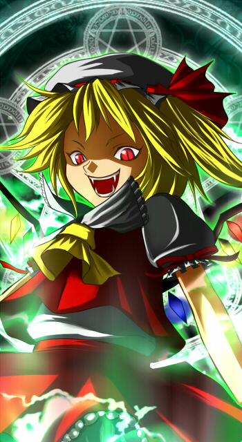 298 (jp6stmg8), kyuushichuu, flandre scarlet, touhou, 1girl, blonde hair, blouse, fangs, female focus, hat, magic circle, mob cap, pentagram, red eyes, shaded face, shirt, short hair, solo, white hat, white shirt, wings