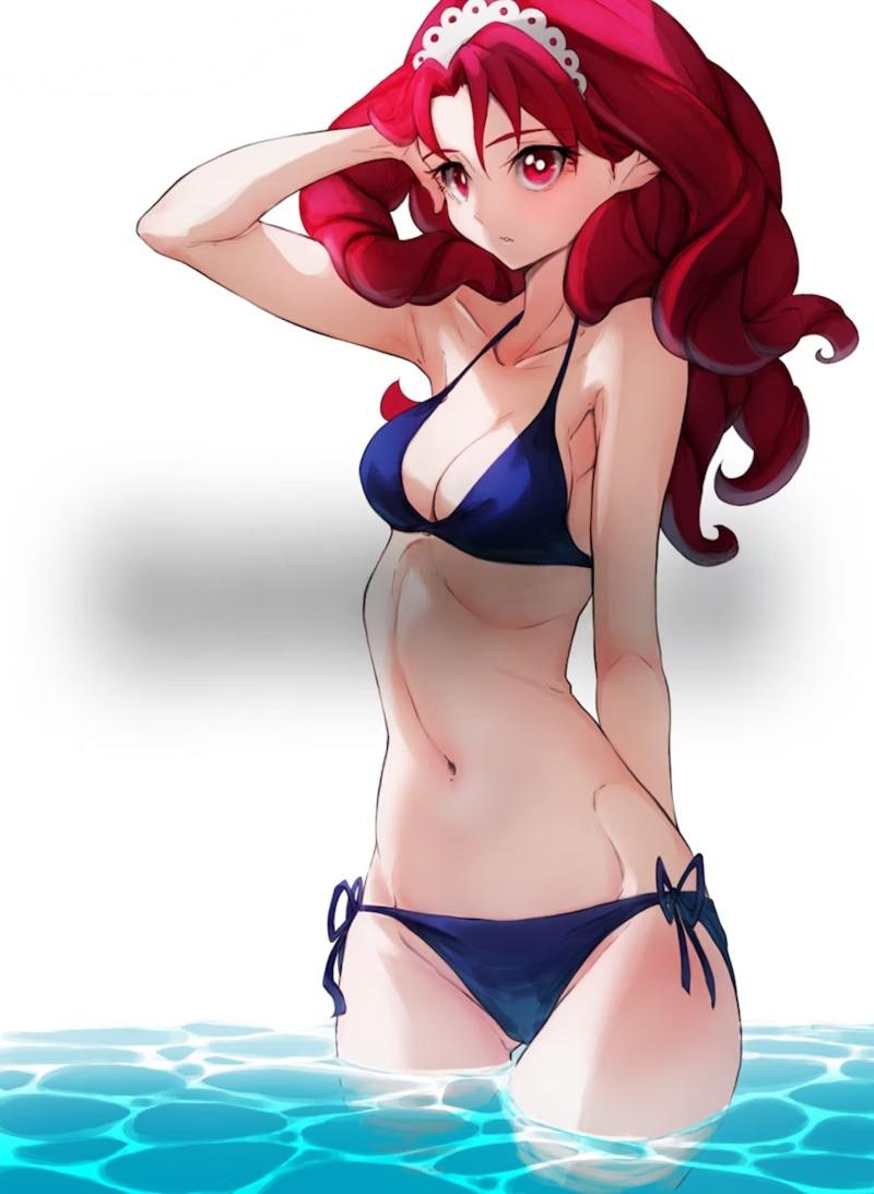 rikito1087, akagi towa, go! princess precure, precure, commission, skeb commission, tagme, 1girl, expressionless, groin, looking at viewer, navel, ocean, red eyes, red hair, water
