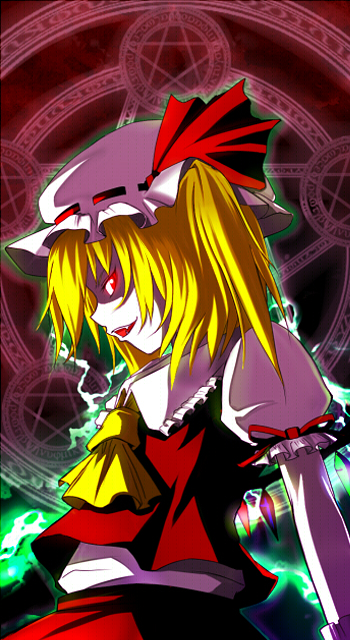 298 (jp6stmg8), kyuushichuu, flandre scarlet, touhou, 1girl, blonde hair, female focus, glowing, glowing eyes, hat, magic circle, pentagram, red eyes, shaded face, short hair, solo, wings
