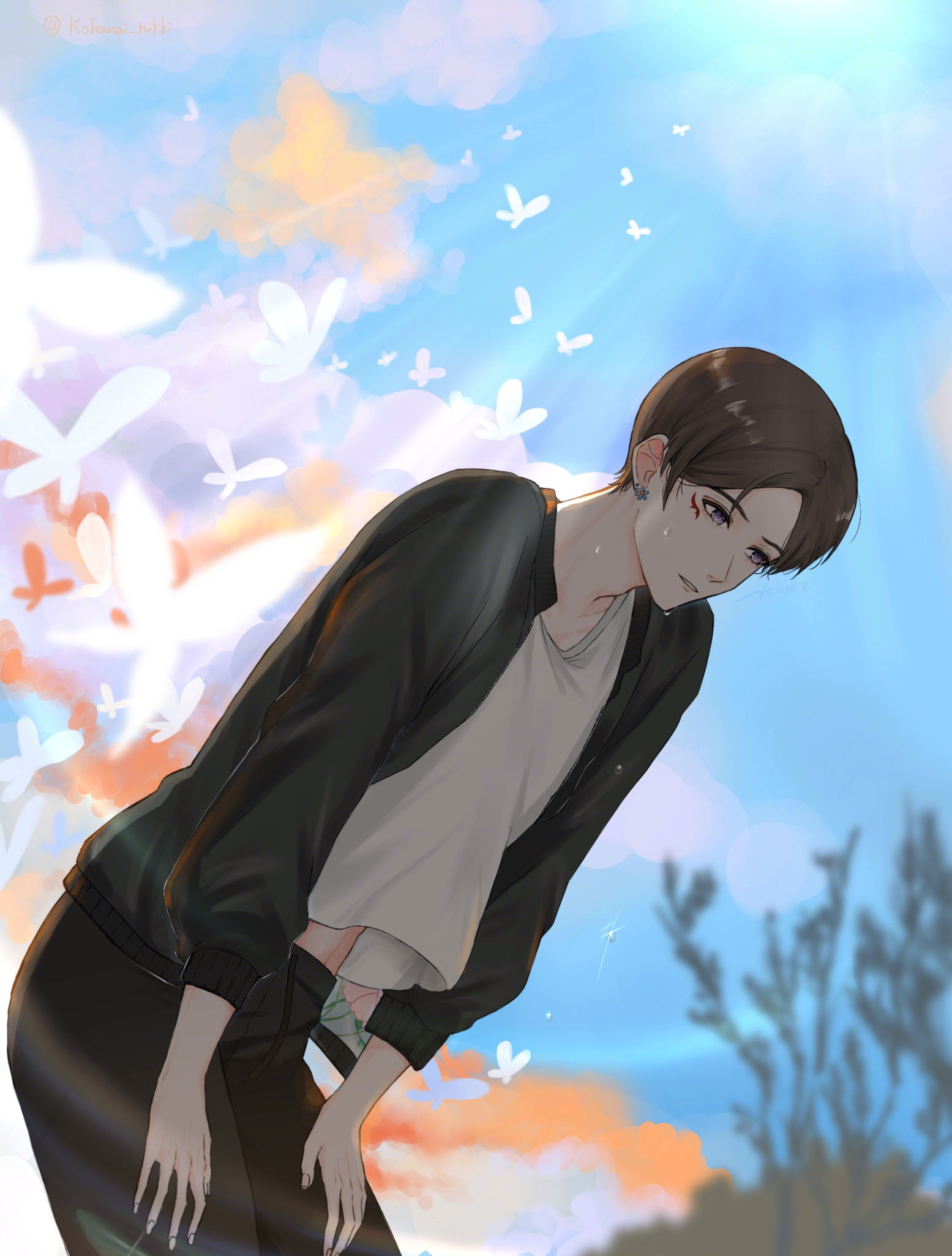 kohanai setsuna, qin yi (shining nikki), nikki (series), shining nikki, commentary request, highres, 1boy, bare tree, black jacket, black pants, brown hair, bug, bush, butterfly, cloud, collarbone, cowboy shot, day, denim, earrings, eyelashes, flower earrings, insect, jacket, jeans, jewelry, light rays, long sleeves, looking down, male focus, marking on cheek, midriff peek, open clothes, open jacket, outdoors, pants, parted lips, purple eyes, shirt, short hair, solo, squatting, sun, sunlight, sweat, tree, twitter username, white shirt