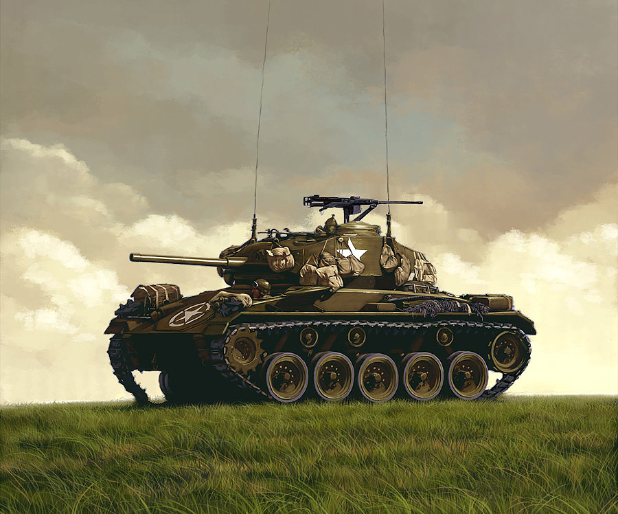 ilmizu, m24 chaffee, original, caterpillar tracks, cloud, day, grass, gun, military, military vehicle, motor vehicle, no humans, realistic, sky, tank, vehicle focus, weapon, world war ii