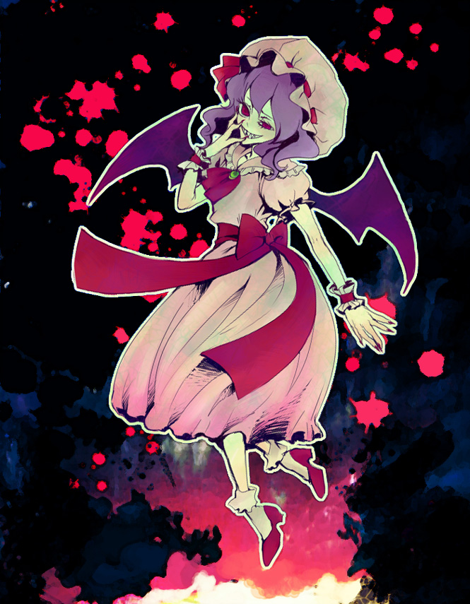 shiba roken, tsuneaki (dosnan), remilia scarlet, touhou, 1girl, bat wings, female focus, hat, purple hair, red eyes, short hair, solo, wings, wrist cuffs