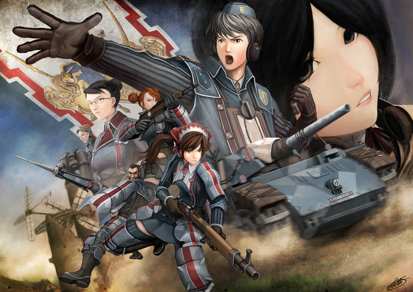 okita, alicia melchiott, brigitte stark, eleanor varrot, faldio landzaat, isara gunther, largo potter, welkin gunther, sega, senjou no valkyria, senjou no valkyria (series), senjou no valkyria 1, vehicle, 00s, 3girls, 4boys, army, caterpillar tracks, flag, gun, headphones, military, military uniform, military vehicle, motor vehicle, multiple boys, multiple girls, signature, soldier, tank, weapon, windmill