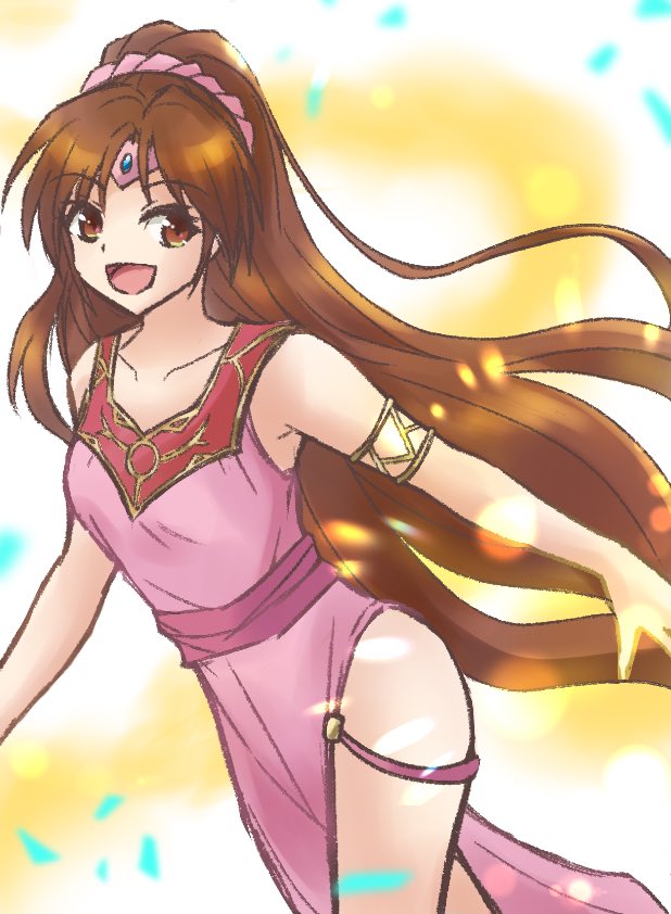 linde (fire emblem), fire emblem, fire emblem: mystery of the emblem, fire emblem: shadow dragon and the blade of light, nintendo, 1girl, :d, armlet, armpits, breasts, brown eyes, brown hair, collarbone, dress, forehead jewel, inutsuki, jewelry, long hair, medium breasts, open mouth, ponytail, scrunchie, side slit, smile, solo, tabard, thighs, very long hair