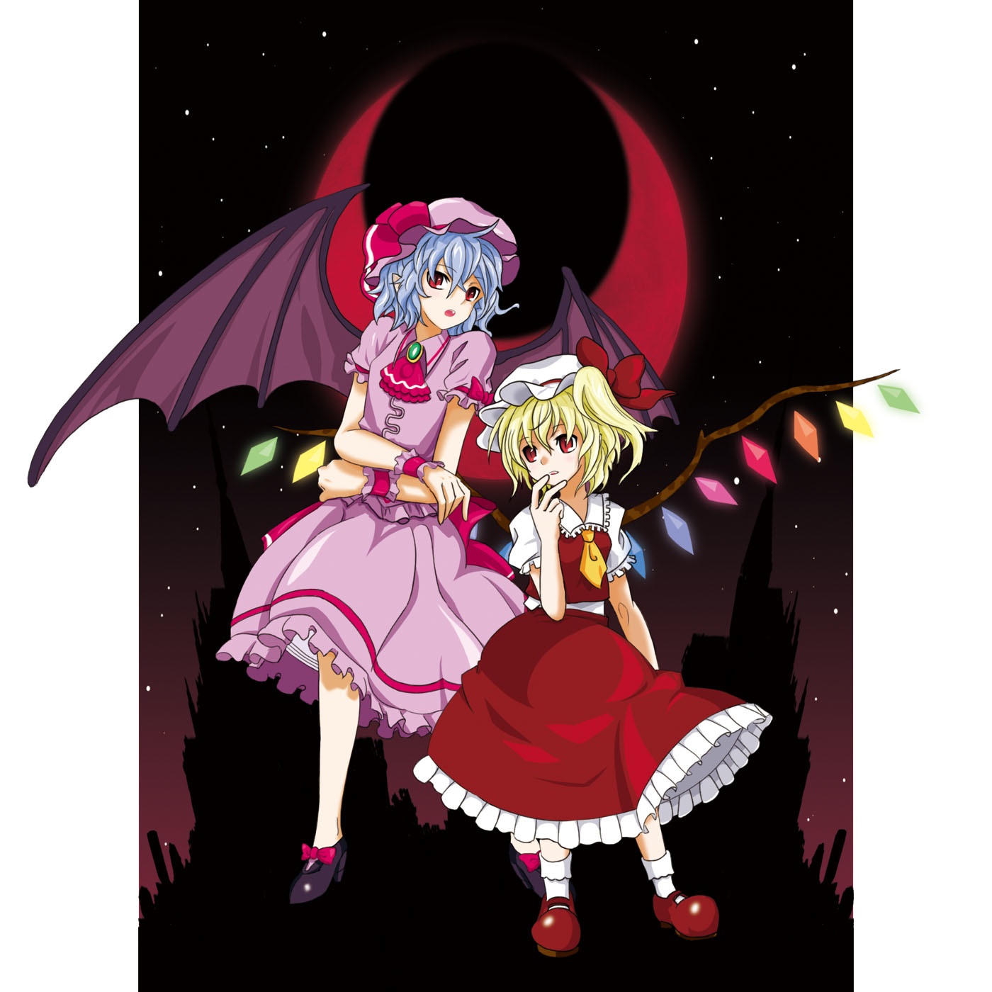 satou samu, flandre scarlet, remilia scarlet, touhou, highres, 2girls, blonde hair, blue hair, dress, female focus, hat, multiple girls, red eyes, short hair, siblings, sisters, wings, wrist cuffs