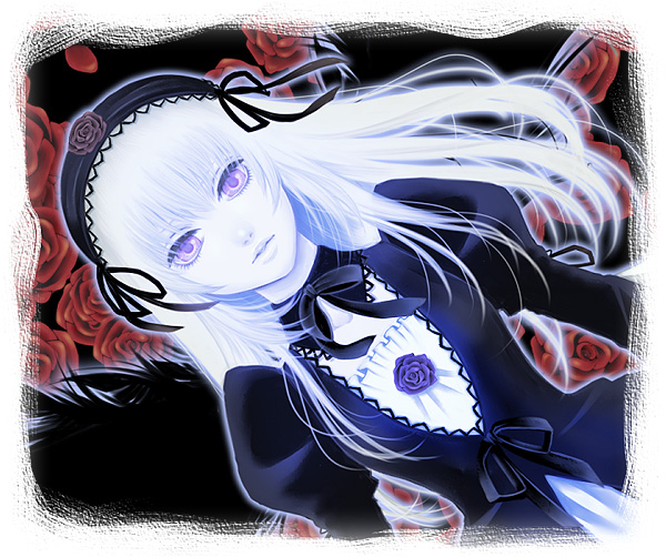 okeranran, suigintou, rozen maiden, silver hair, bad id, bad pixiv id, 00s, dress, flower, frills, hairband, long hair, purple eyes, rose, solo, wings