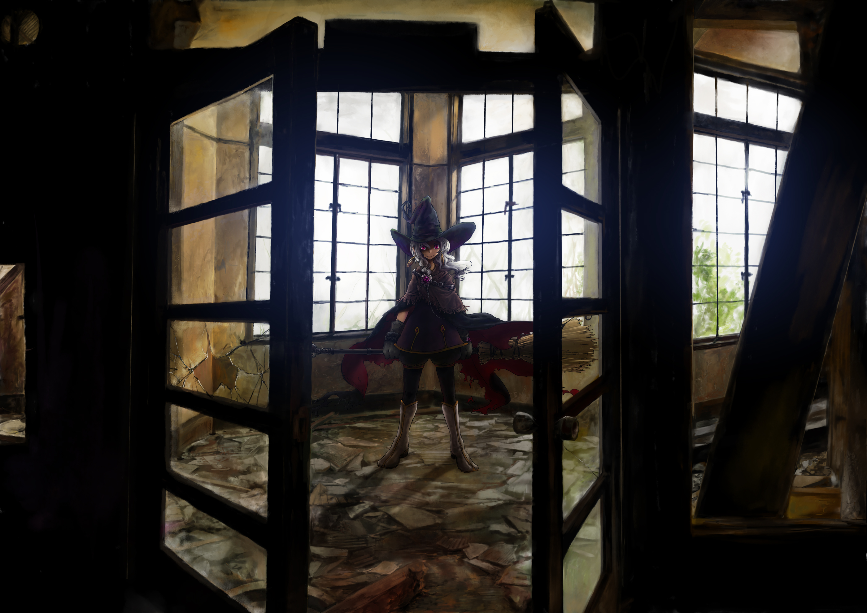 yaegashi youhei, highres, 1girl, boots, broom, cloak, door, earrings, female focus, gloves, hat, indoors, jewelry, red eyes, robe, solo, white hair, window, witch hat