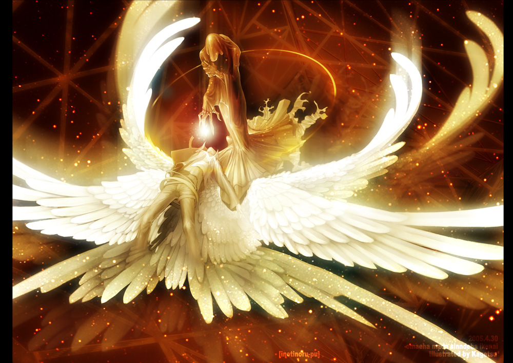 yuanmaru, death (entity), grim reaper, original, bad id, bad pixiv id, 1girl, angel wings, belt, claws, glaring, multiple wings, orb, seraph, wings