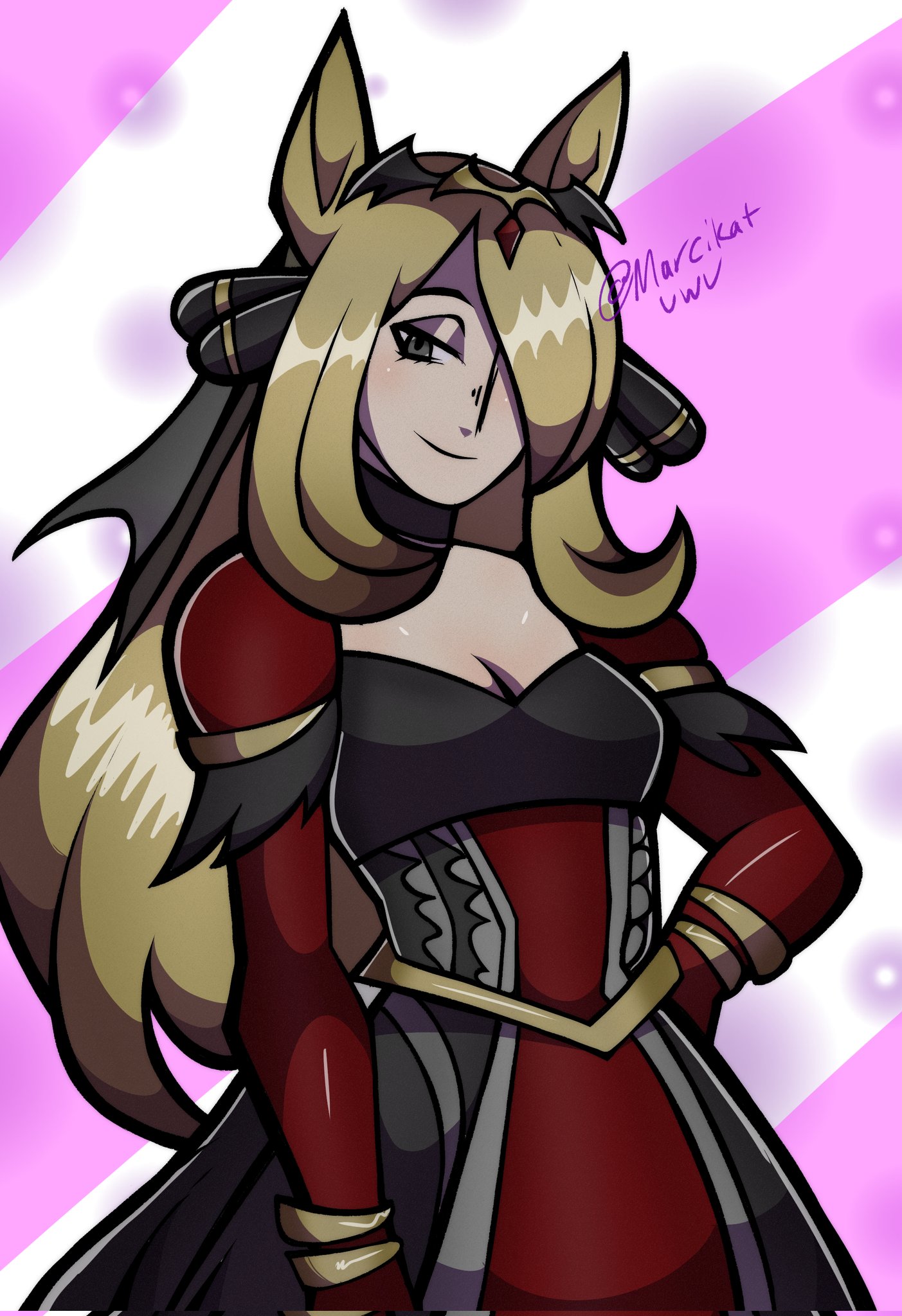 marcikatuwu, cynthia (pokemon), cynthia (sygna suit) (renegade) (pokemon), nintendo, pokemon, pokemon masters ex, umamusume, highres, 1girl, animal ears, black choker, black dress, black veil, blonde hair, blush, breasts, choker, cleavage, closed mouth, dress, eyelashes, grey eyes, hair ornament, hair over one eye, horse ears, long hair, long sleeves, looking at viewer, medium breasts, official alternate costume, red sleeves, smile, solo, tiara, veil, very long hair