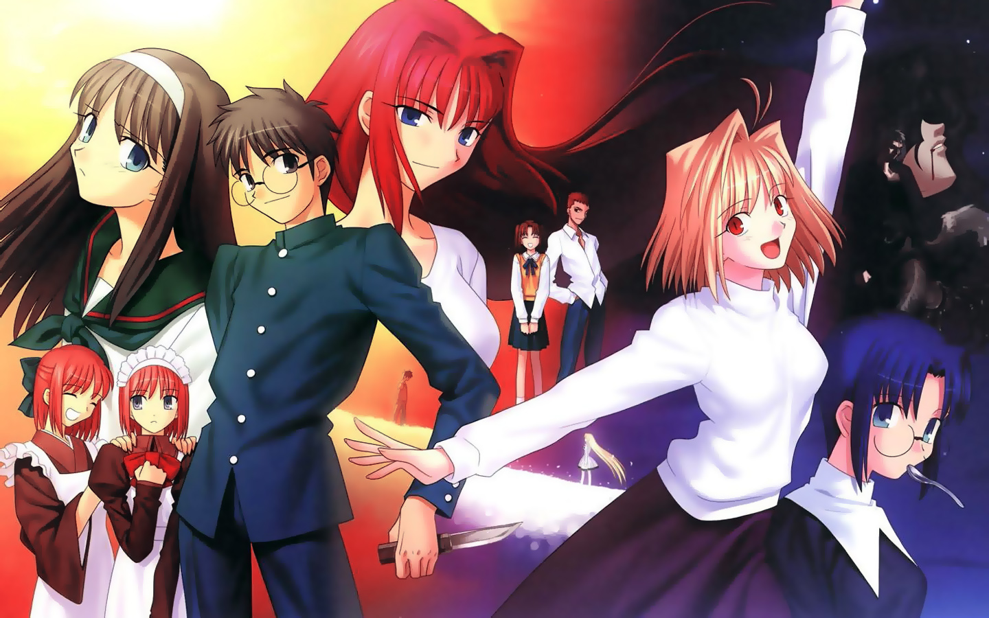 aozaki aoko, arcueid brunestud, ciel (tsukihime), hisui (tsukihime), inui arihiko, kohaku (tsukihime), tohno akiha, tohno shiki, yumizuka satsuki, tsukihime, 00s, 3boys, 6+girls, blonde hair, blood, blood from mouth, blue eyes, blue hair, brown hair, everyone, glasses, long hair, multiple boys, multiple girls, red eyes, red hair, school uniform, short hair, siblings, sidelocks, sisters, twins