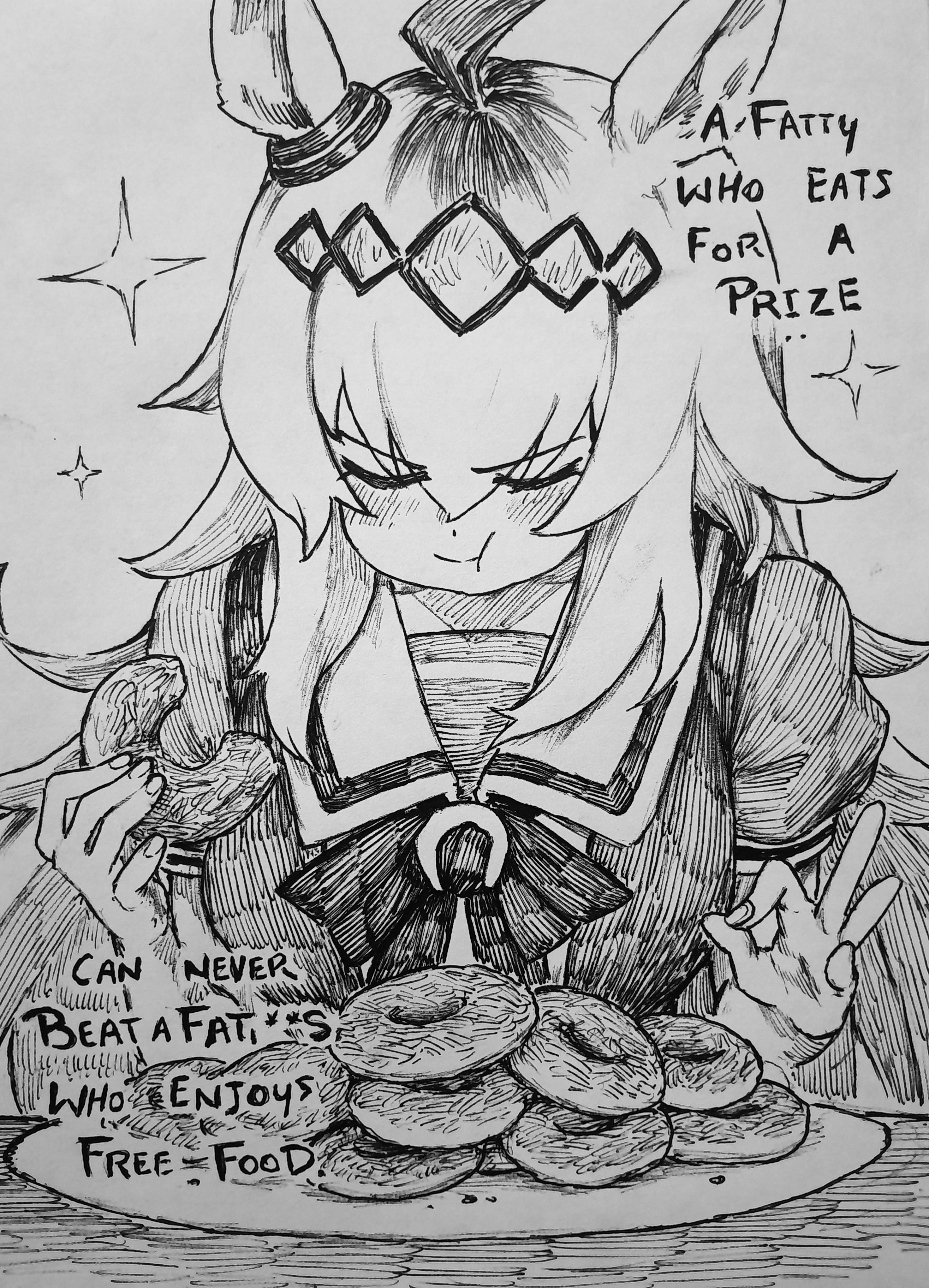 chronozbergh, oguri cap (umamusume), umamusume, absurdres, highres, 1girl, ahoge, animal ears, breasts, closed eyes, closed mouth, donut, ear ornament, eating, english text, food, glutton, greyscale, hair between eyes, hair ornament, hairband, holding, holding donut, holding food, horse ears, horse girl, long hair, monochrome, multicolored hair, puffy short sleeves, puffy sleeves, sailor collar, sailor shirt, school uniform, shirt, short sleeves, solo, star (symbol), tracen school uniform