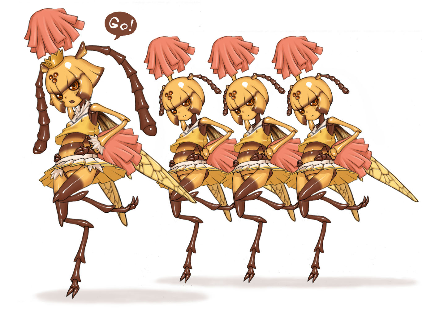 jon henry nam, namu gunsou, original, 4girls, antennae, arthropod girl, bee, bee girl, bug, cheerleader, crown, extra arms, extra eyes, furry, insect, insect girl, insect wings, monster girl, multiple girls, no panties, princess, simple background, wings