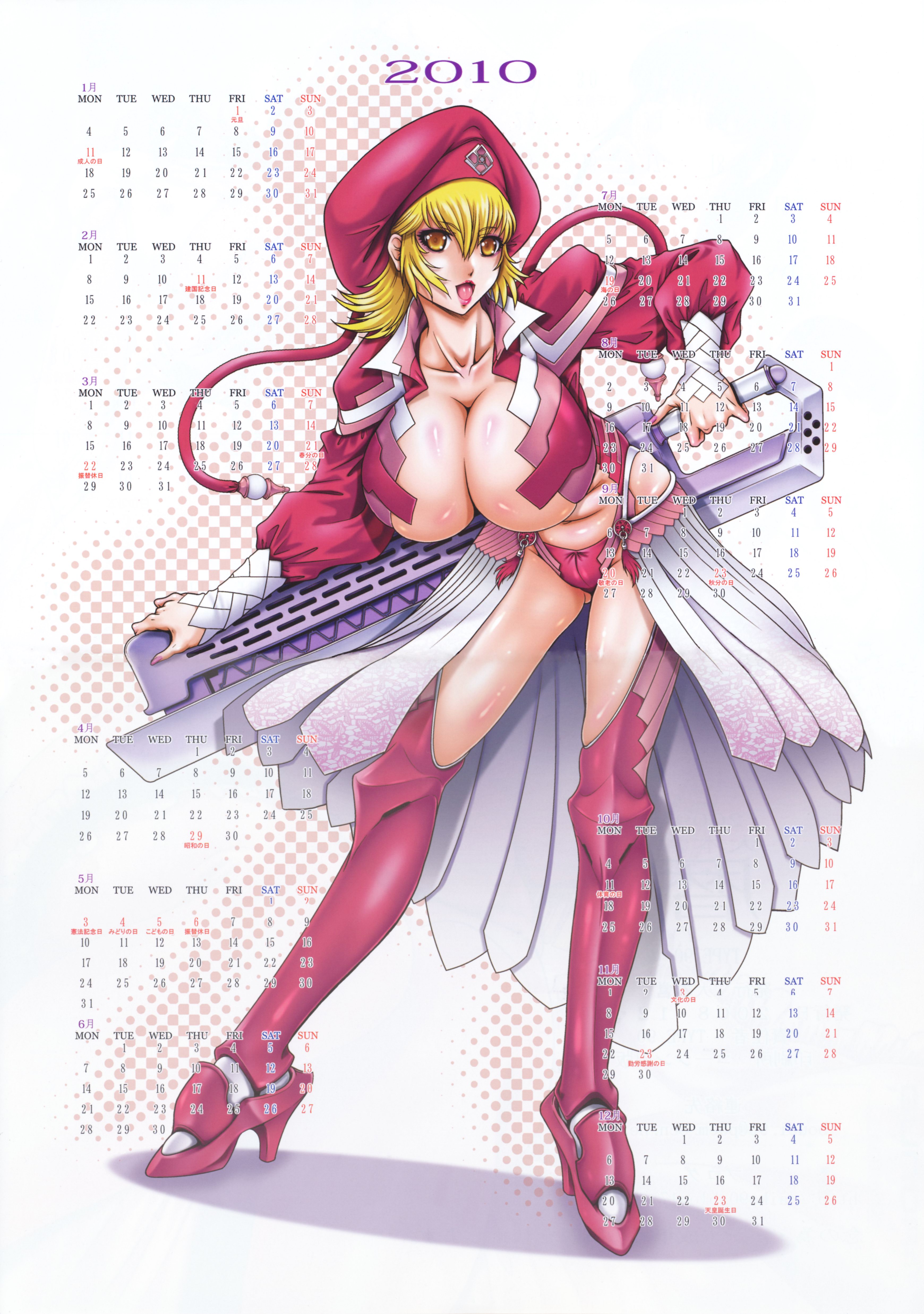 type 90 (daihon'ei), absurdres, highres, non-web source, 10s, 1girl, 2010, armor, bent over, bikini, bikini bottom only, blonde hair, boots, breasts, calendar, cleavage, eyeshadow, female focus, hat, high heels, huge breasts, lipstick, makeup, nail polish, pink nails, pink thighhighs, sarong, shoes, skirt, solo, swimsuit, sword, thigh boots, thighhighs, weapon, yellow eyes