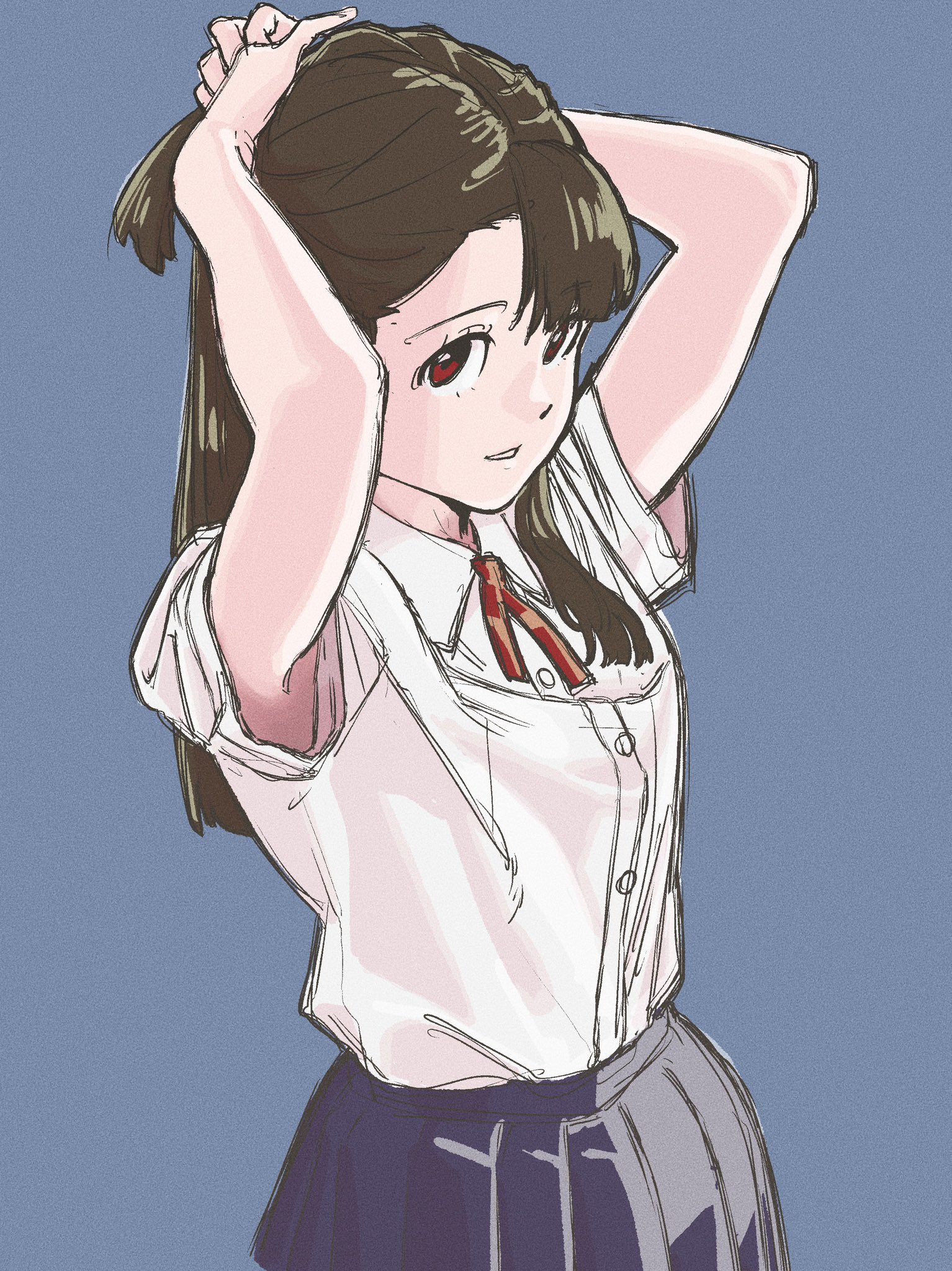 handa shuuhei, kagari atsuko, little witch academia, highres, 1girl, blue skirt, brown hair, long hair, looking at viewer, pleated skirt, red eyes, school uniform, simple background, skirt, smile, solo