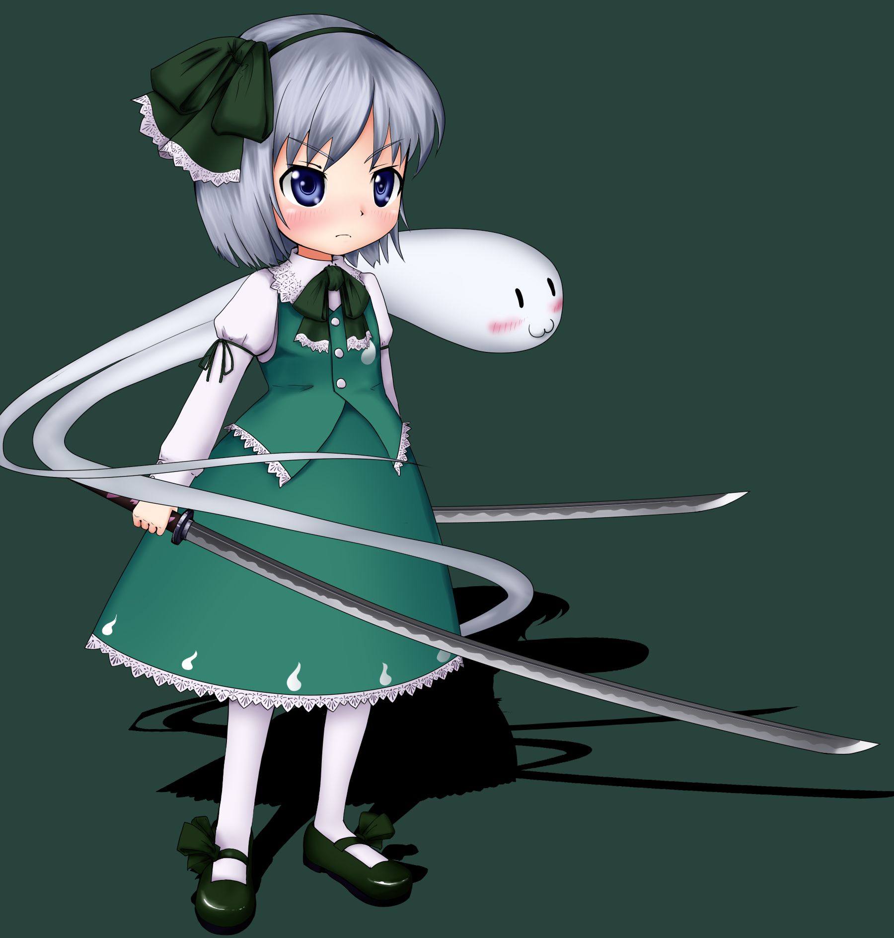 kirisaki (gin16k), kirisaki akihito, konpaku youmu, konpaku youmu (ghost), touhou, silver hair, white legwear, bad id, bad pixiv id, highres, 1girl, :3, aqua vest, blue eyes, dual wielding, female focus, ghost, green background, hairband, hitodama, holding, katana, mary janes, shoes, short hair, skirt, solo, sword, tanto, vest, weapon