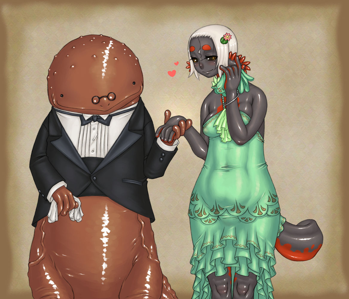 jon henry nam, namu gunsou, original, tagme, 1girl, axolotl, bare arms, bare shoulders, blouse, bottomless, bow, bowtie, brown background, collared shirt, colored skin, couple, covered navel, cowboy shot, dress, eye contact, facing viewer, formal clothes, furry, gills, glasses, green dress, grey skin, happy, heart, hellbender, hetero, holding hands, interspecies, layered dress, looking at another, monster girl, multicolored skin, no bra, personification, pince-nez, salamander, shiny skin, shirt, simple background, smile, standing, tail, traditional bowtie, tuxedo, two-tone skin, white hair, white shirt, wide hips