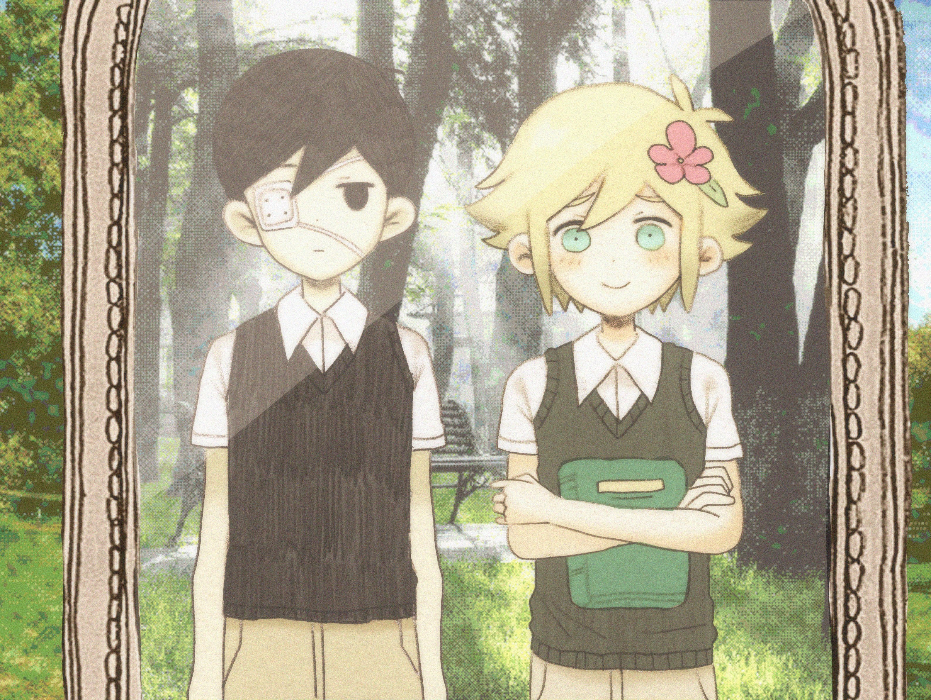 my loleeta, basil (faraway) (omori), basil (omori), sunny (omori), omori, highres, spoilers, 2boys, antenna hair, bench, black eyes, black hair, black sweater vest, blonde hair, blue eyes, blush, book, brown shorts, closed mouth, collared shirt, crossed arms, double-parted bangs, expressionless, eyepatch, green sweater vest, hair between eyes, holding, holding book, looking at mirror, male focus, mirror, multiple boys, outdoors, shirt, short hair, short sleeves, shorts, sidelocks, smile, sweater vest, tree, white shirt