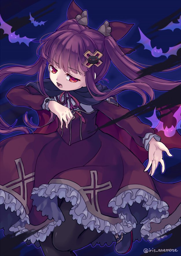 iris anemone, alucard lore, emil chronicle online, 1girl, bat (animal), black cloak, black pantyhose, bow, breasts, cloak, corset, cross hair ornament, frilled bow, frilled skirt, frills, hair bow, hair ornament, long hair, neck ribbon, night, open mouth, pantyhose, purple bow, purple corset, purple hair, purple ribbon, purple sleeves, red cloak, red eyes, ribbon, shirt, skirt, small breasts, twintails, twitter username, two-sided cloak, two-sided fabric, vampire, white shirt