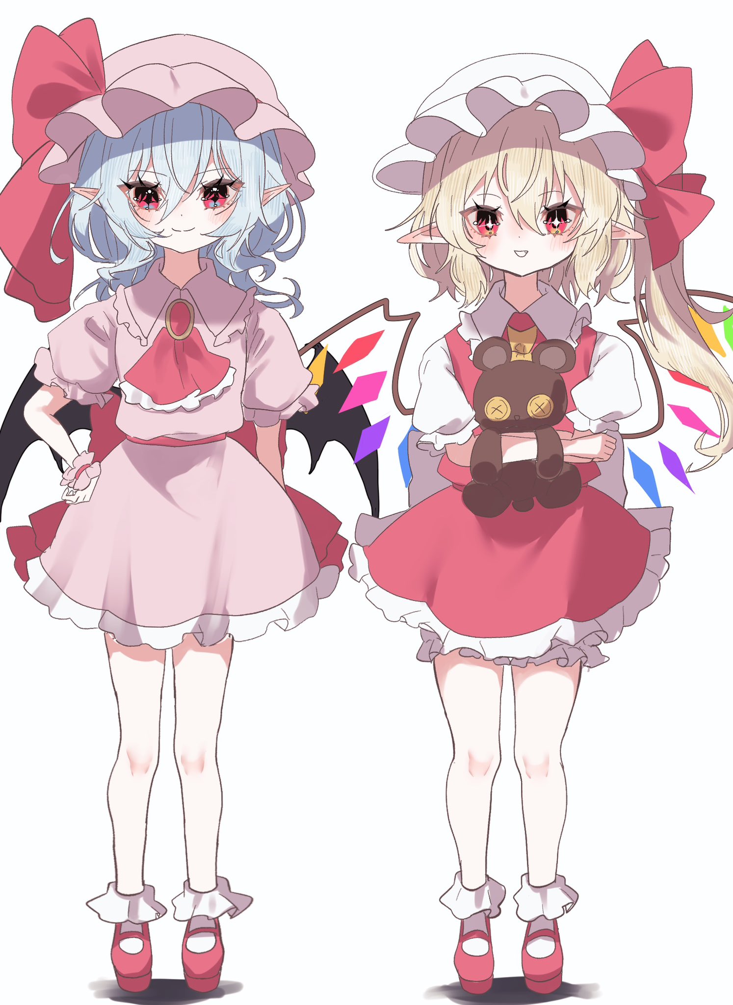flandre scarlet, remilia scarlet, touhou, highres, 2girls, ascot, bat wings, blonde hair, blue hair, bow, brooch, crystal, crystal wings, hand on own hip, hat, hat ribbon, holding, holding stuffed toy, jewelry, mob cap, multicolored wings, multiple girls, one side up, open mouth, pink hat, pointy ears, puffy short sleeves, puffy sleeves, red ascot, red eyes, red skirt, red vest, ribbon, shirt, short hair, short sleeves, siblings, side ponytail, simple background, sisters, skirt, smile, stuffed animal, stuffed toy, vest, white background, white hat, wings, wrist cuffs, yashikikoi, yellow ascot