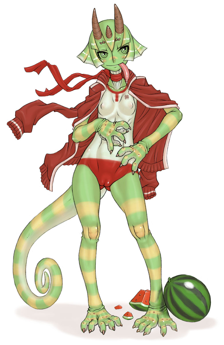 jon henry nam, highres, translation request, 1girl, :p, bodypaint, breasts, buruma, camouflage, chameleon, cleft of venus, false clothes, female focus, food, fruit, furry, furry female, horns, lizard, monster girl, painted clothes, pussy, simple background, small breasts, solo, tongue, tongue out, uncensored, watermelon, white background