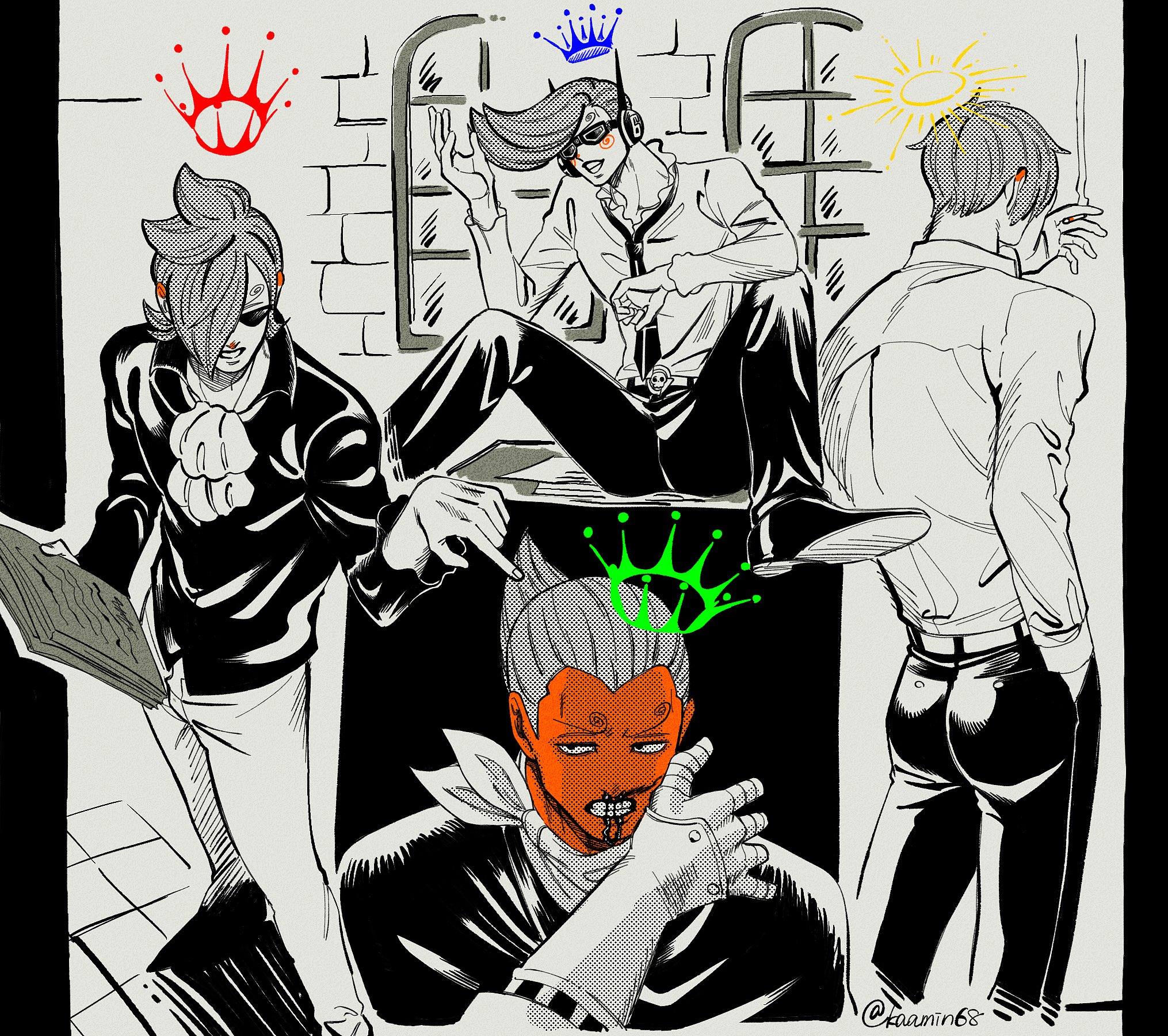 larugo0513, sanji (one piece), vinsmoke ichiji, vinsmoke niji, vinsmoke yonji, one piece, commentary request, highres, 4boys, ascot, blood, blood on face, brothers, cigarette, clenched teeth, crown, curly eyebrows, hair over one eye, hand in pocket, holding, holding cigarette, holding paper, multiple boys, necktie, paper, short hair, siblings, spot color, sun, sunglasses, teeth