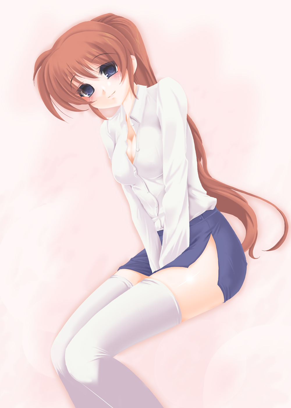frapowa, takamachi nanoha, lyrical nanoha, mahou shoujo lyrical nanoha, mahou shoujo lyrical nanoha strikers, highres, 00s, 1girl, blue eyes, blush, breasts, brown hair, cleavage, female focus, large breasts, long hair, pencil skirt, purple eyes, skirt, smile, solo, thighhighs, zettai ryouiki