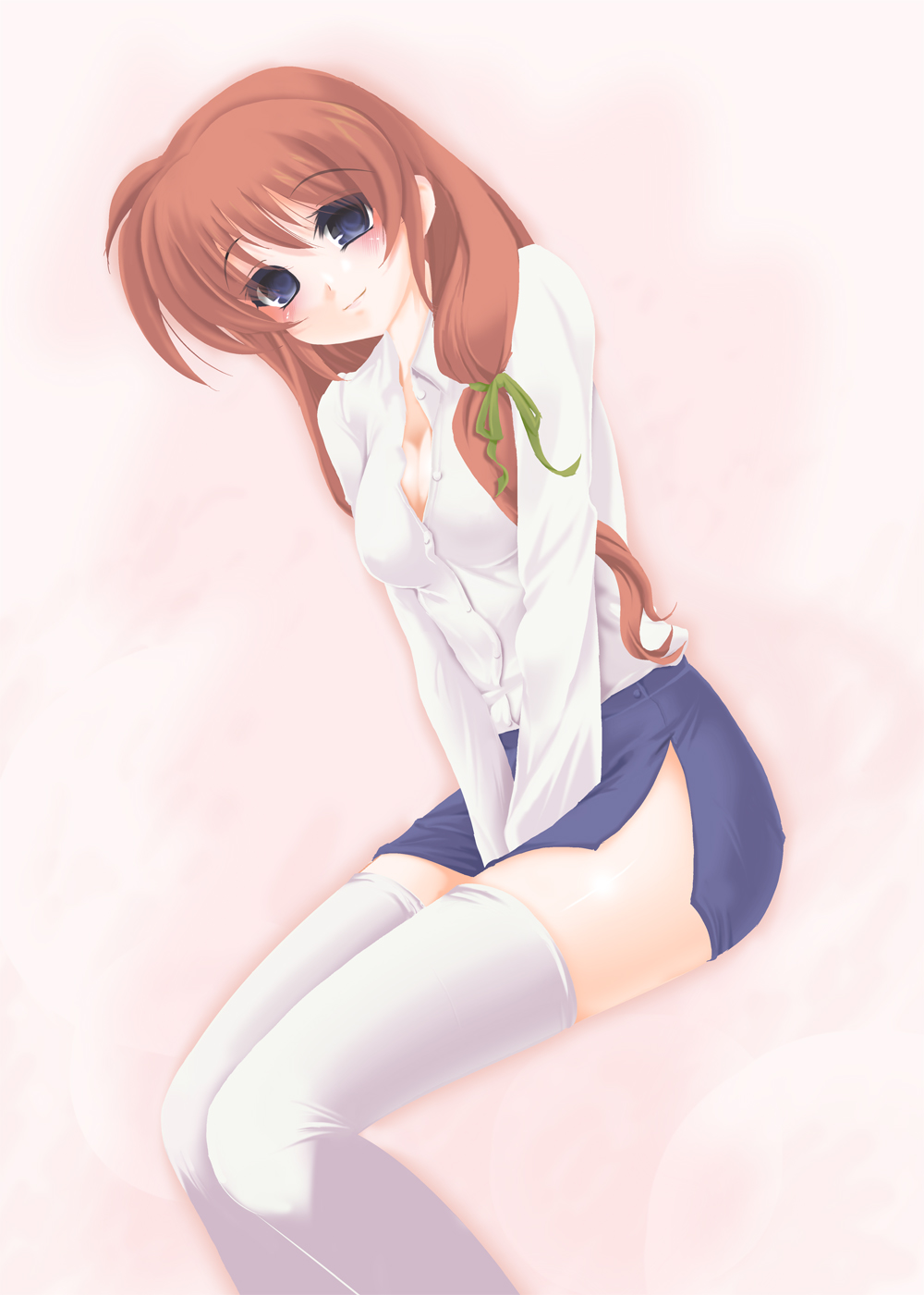 frapowa, takamachi nanoha, lyrical nanoha, mahou shoujo lyrical nanoha, mahou shoujo lyrical nanoha strikers, highres, 00s, 1girl, alternate hairstyle, blue eyes, blush, breasts, brown hair, cleavage, female focus, hair down, large breasts, long hair, pencil skirt, purple eyes, skirt, smile, solo, thighhighs, zettai ryouiki