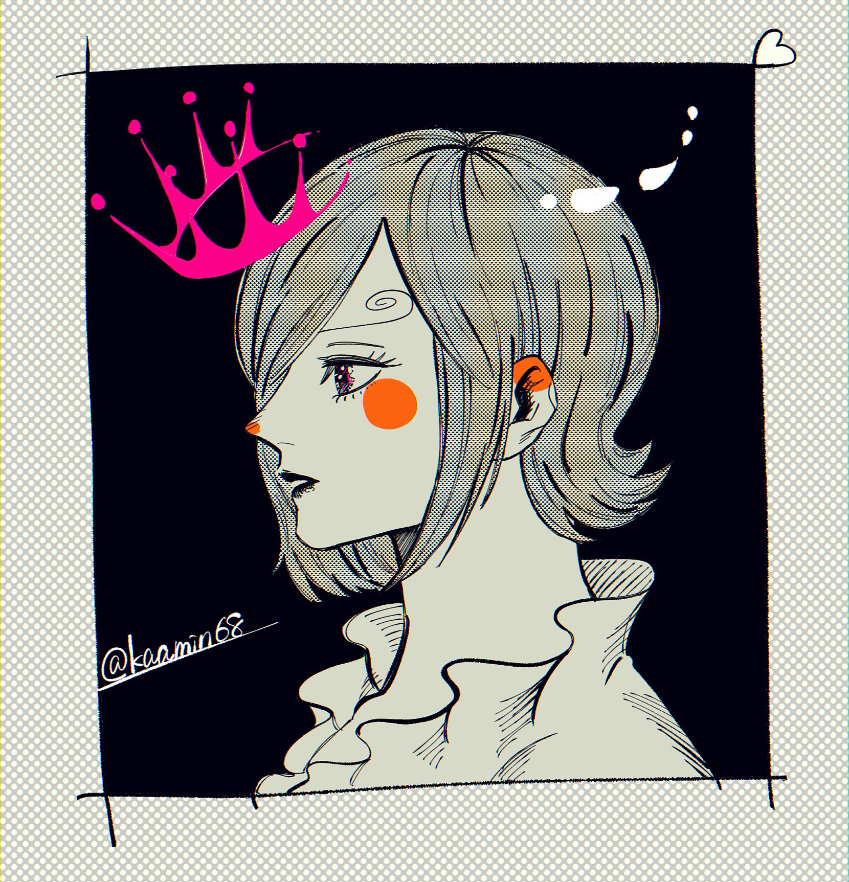 larugo0513, vinsmoke reiju, one piece, commentary request, highres, 1girl, blush stickers, crown, curly eyebrows, eyelashes, heart, looking ahead, parted lips, short hair, simple background, solo, spot color, twitter username