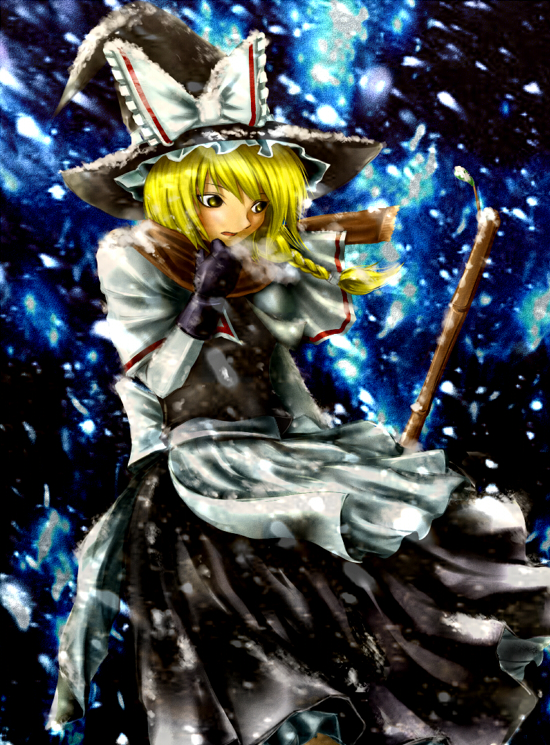 298 (jp6stmg8), kyuushichuu, kirisame marisa, perfect cherry blossom, touhou, bad id, bad pixiv id, 1girl, blonde hair, braid, broom, female focus, gloves, hat, scarf, short hair, side braid, snow, solo, witch, witch hat, yellow eyes