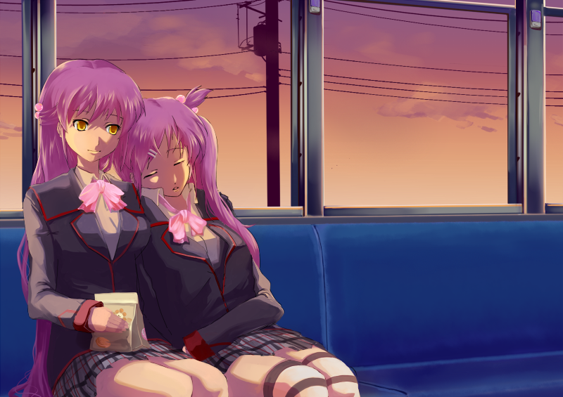 hachito hajime, futaki kanata, saigusa haruka, little busters!, 2girls, bow, long hair, multiple girls, pink bow, purple hair, school uniform, siblings, sisters, sleeping, sleeping upright, thighhighs, train, train interior, yellow eyes