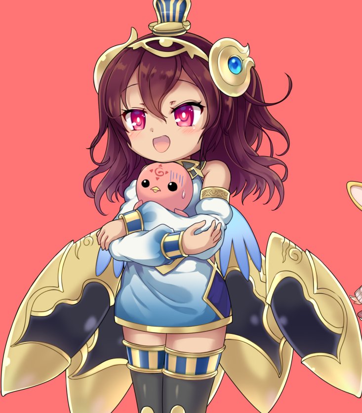 iris anemone, isis (eco), emil chronicle online, 1girl, animal, bare shoulders, black thighhighs, blue dress, blue sleeves, blue wings, breasts, brown hair, detached sleeves, dress, floating, floating object, hair ornament, holding, holding animal, open mouth, purple eyes, red background, sleeveless, sleeveless dress, small breasts, thighhighs, wings