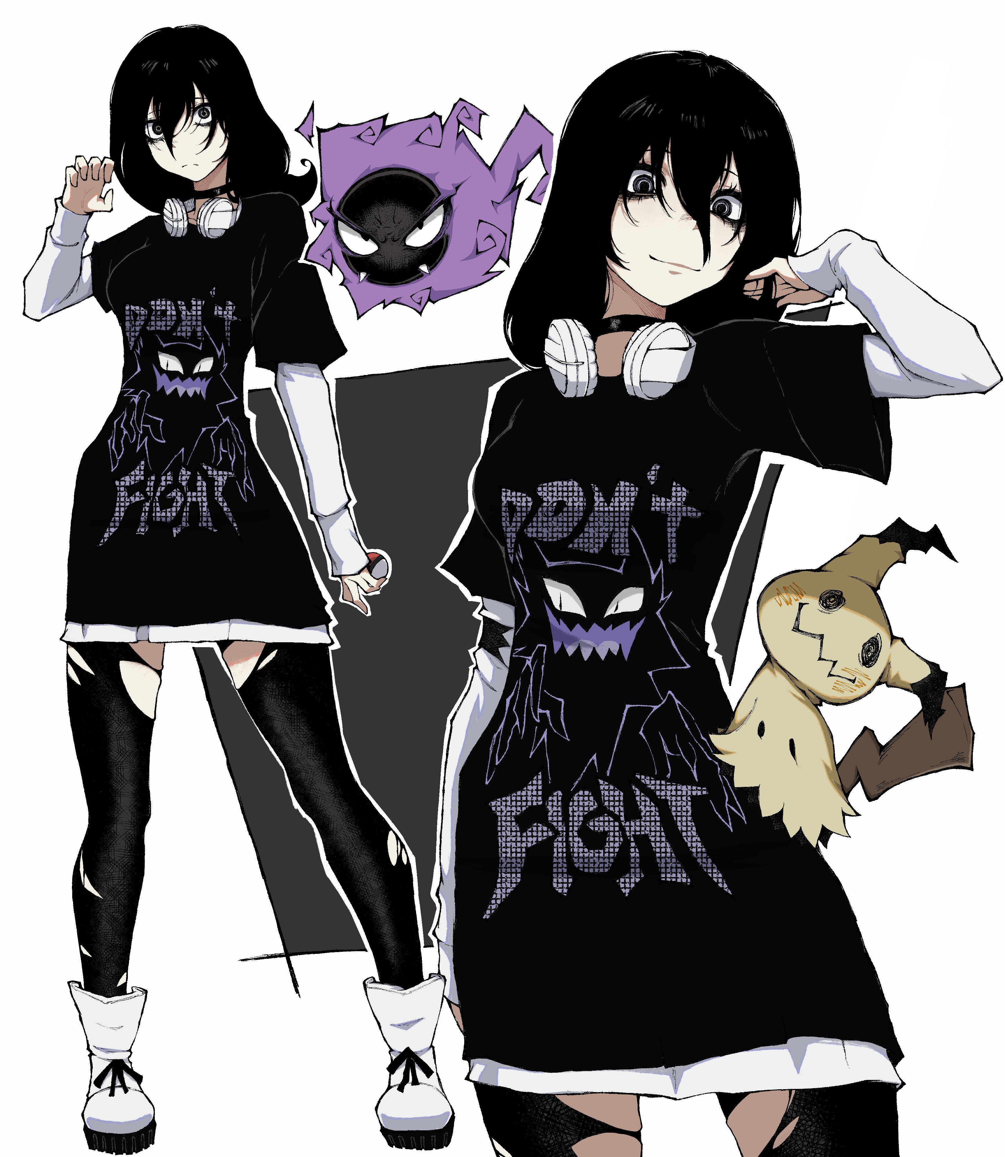 kekel, gastly, haunter, hex maniac (pokemon), hex maniac (pokemon legends: z-a), mimikyu, nintendo, pokemon, absurdres, highres, 1girl, black pantyhose, black shirt, character print, cowboy shot, full body, gen 1 pokemon, gen 7 pokemon, grey eyes, greyscale, hair between eyes, headphones, headphones around neck, looking at viewer, monochrome, multiple views, oversized clothes, oversized shirt, pantyhose, pokemon (creature), shirt, simple background, sleeves past wrists, smile, standing, text print, torn clothes, torn pantyhose, white background, white shirt