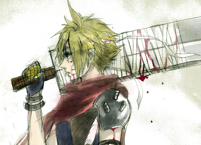 ahy, cloud strife, final fantasy, final fantasy vii, kingdom hearts, bad id, bad pixiv id, 1990s (style), 1boy, blonde hair, blood, gloves, male focus, scarf, solo
