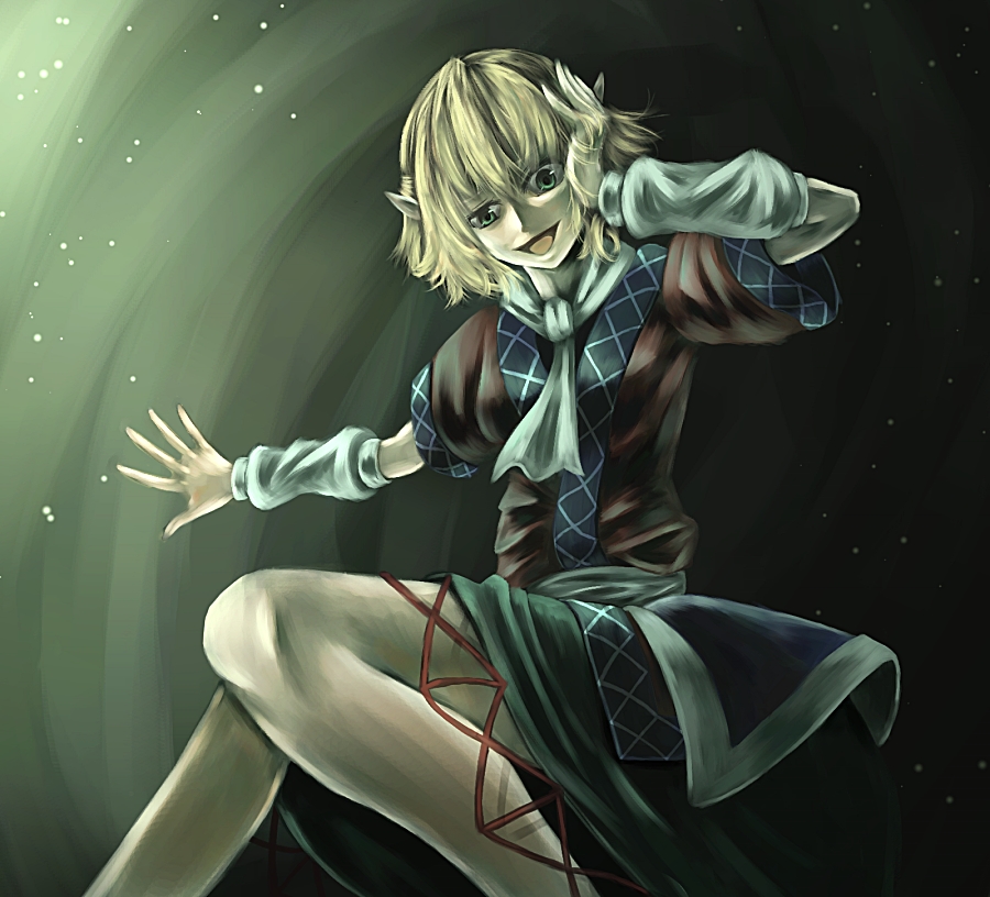 parsley-f, s f nov17, mizuhashi parsee, touhou, bad id, bad pixiv id, 1girl, blonde hair, female focus, gradient background, green eyes, pointy ears, skirt, solo