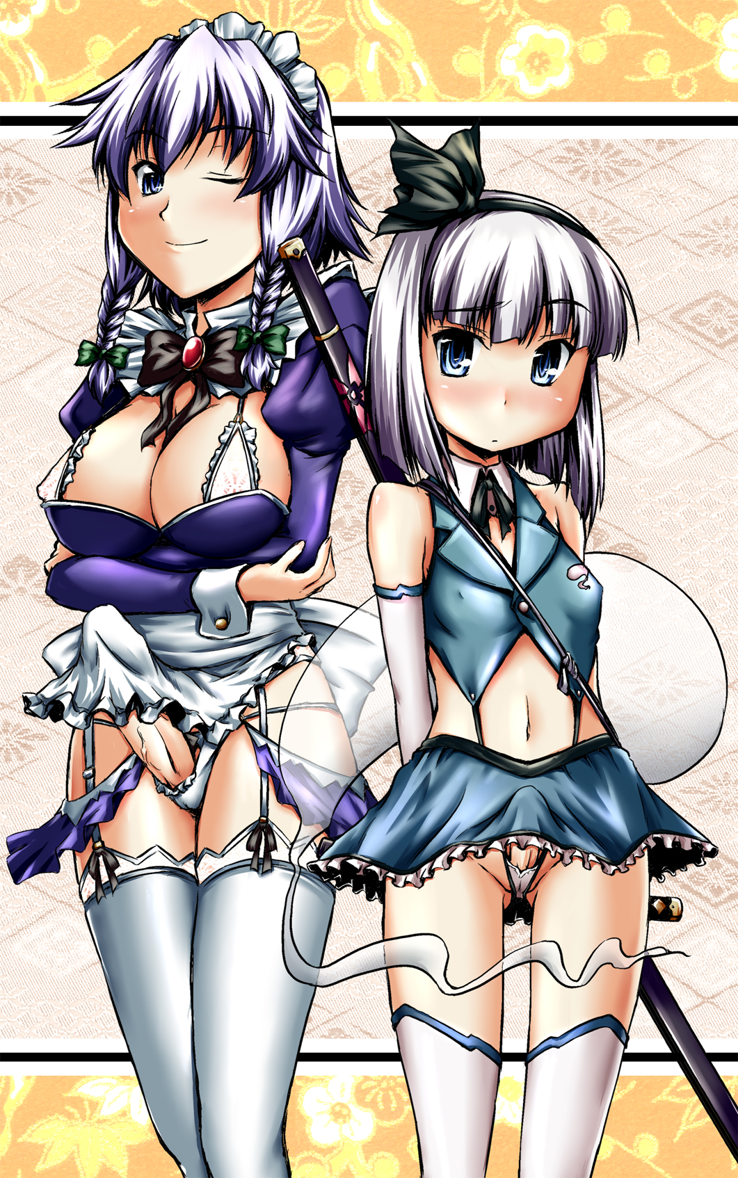 yuzu momo, izayoi sakuya, konpaku youmu, konpaku youmu (ghost), touhou, highres, 2futa, boots, breasts, bulge, detached sleeves, elbow gloves, erection, futanari, garter belt, gloves, grey eyes, hitodama, katana, large breasts, maid, maid headdress, midriff, multiple futa, navel, nipples, no testicles, one eye closed, panties, penis, purple hair, skirt, small breasts, small penis, sword, thigh boots, thighhighs, underwear, weapon, wink