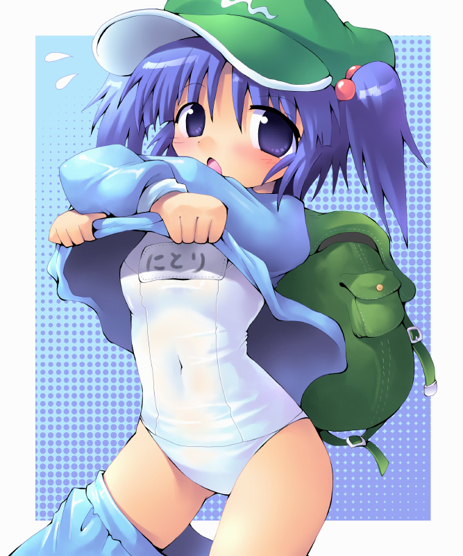 kurogarasu, kawashiro nitori, touhou, 1girl, backpack, bag, blue hair, blush, clothes lift, clothes pull, female focus, hair bobbles, hair ornament, hat, one-piece swimsuit, randoseru, school swimsuit, shirt lift, skirt, skirt pull, solo, sweatdrop, swimsuit, swimsuit under clothes, twintails, two side up, undressing, white one-piece swimsuit, white school swimsuit