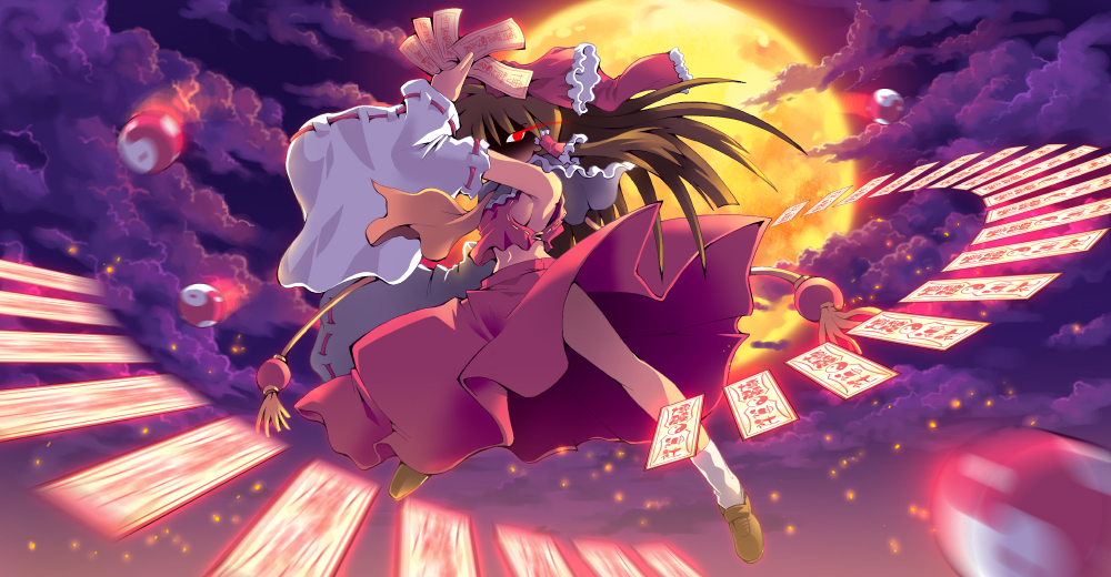 kurogarasu, hakurei reimu, touhou, 1girl, breasts, brown hair, detached sleeves, female focus, glowing, glowing eyes, japanese clothes, miko, ofuda, red eyes, sideboob, small breasts, solo, yin yang