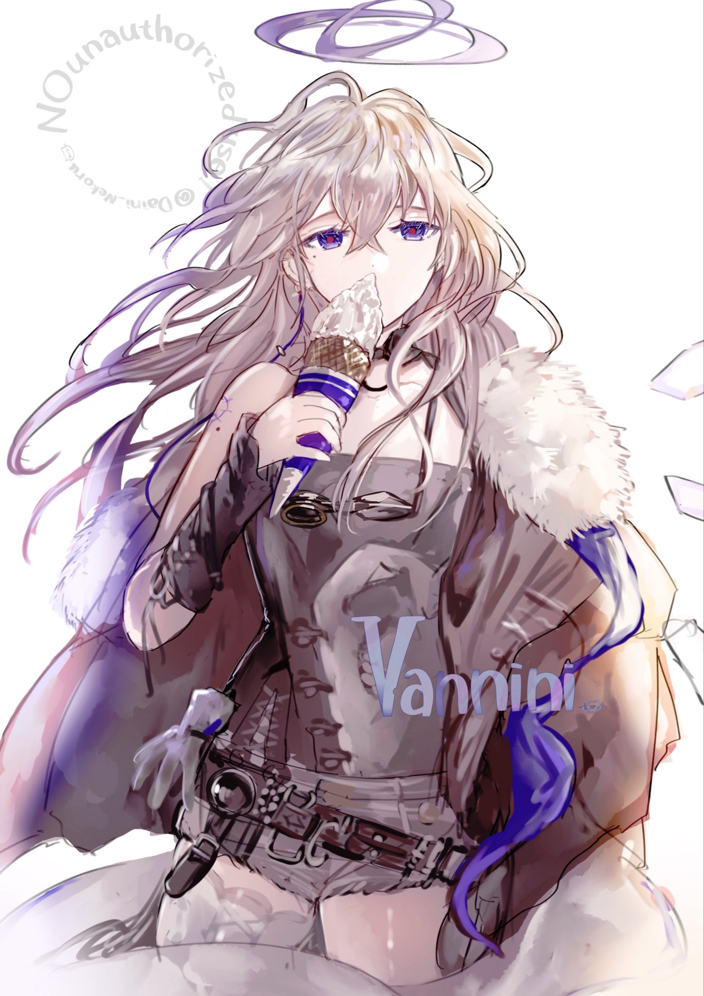 tukaima, vannini (arknights), arknights, commentary request, highres, 1girl, angel, black shirt, black shorts, breasts, brown hair, cape, character name, cowboy shot, detached wings, fur-trimmed cape, fur trim, goggles, grey halo, halo, holding, holding ice cream cone, ice cream cone, long hair, purple eyes, shirt, short shorts, shorts, simple background, small breasts, solo, thighs, white background, wings