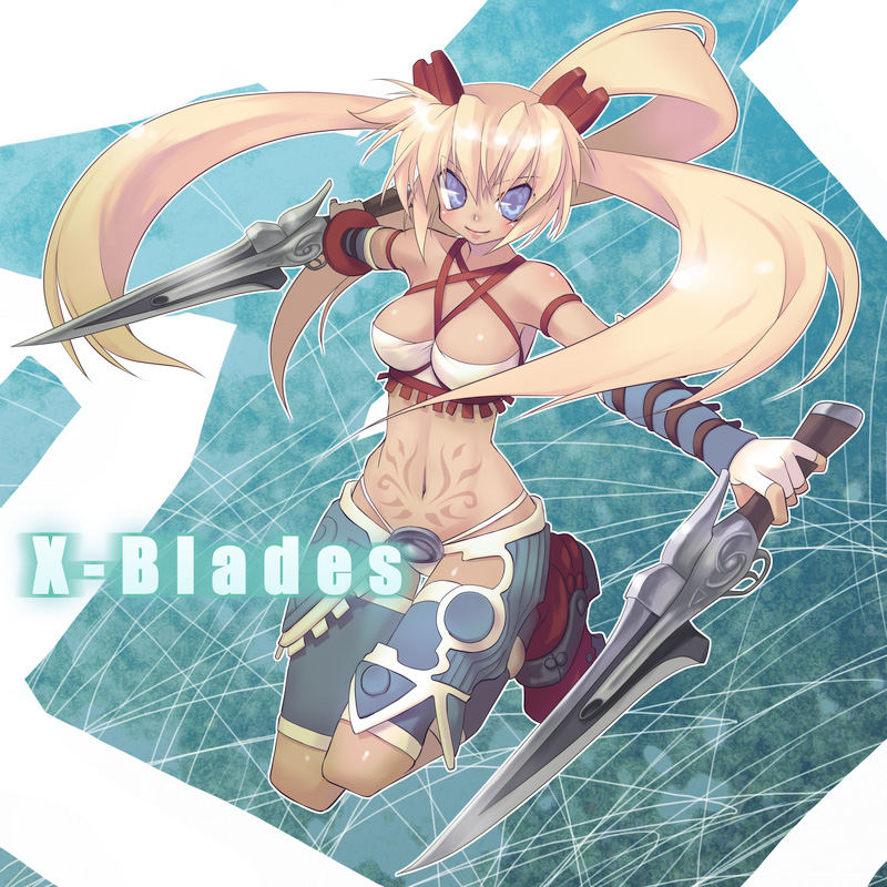 mitake eil, ayumi (x-blades), x-blades, 1girl, bare shoulders, blonde hair, blue eyes, dual wielding, fingerless gloves, gloves, gunblade, holding, long hair, navel, panties, sword, tan, tattoo, tri tails, underwear, very long hair, weapon